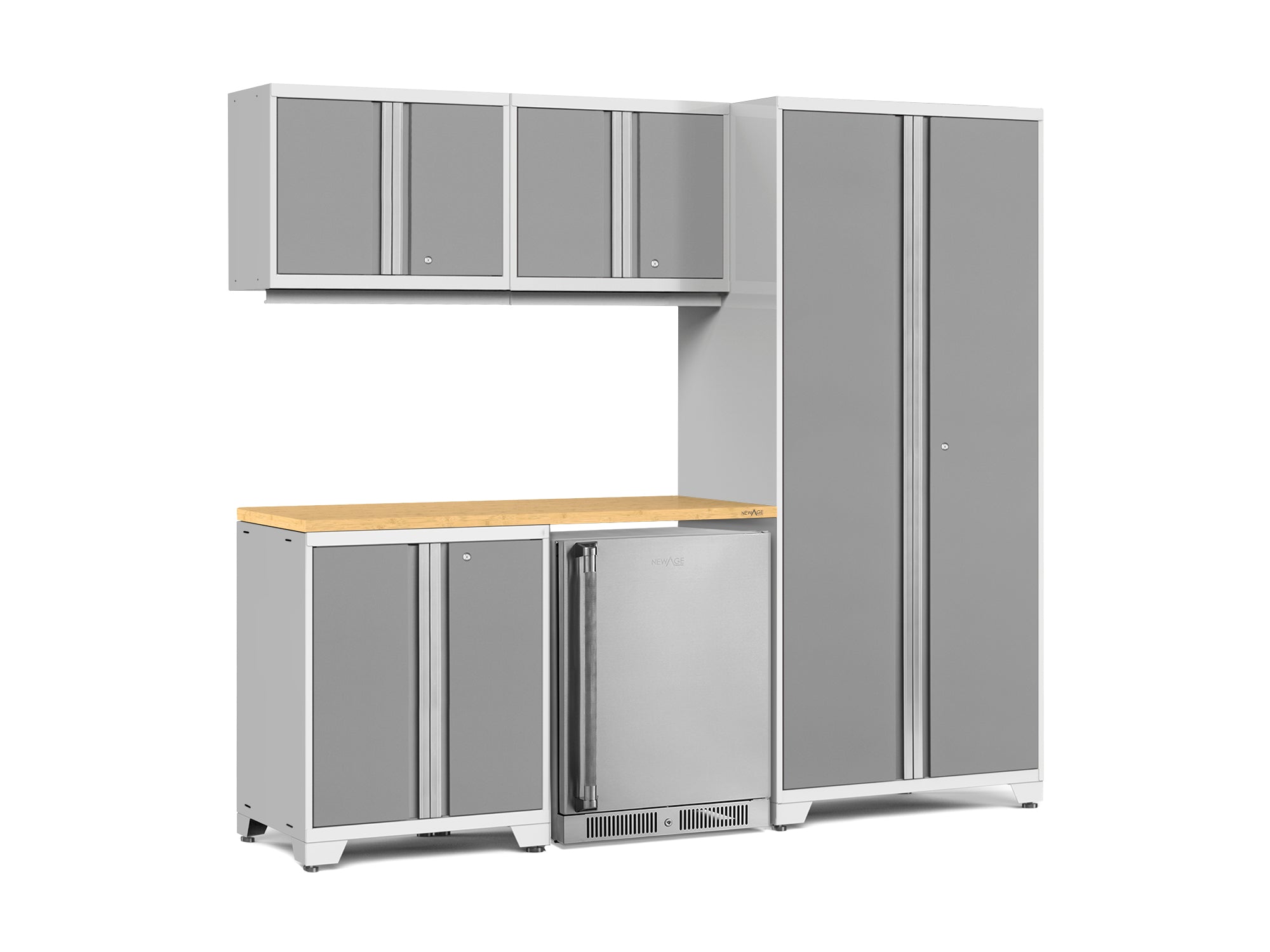 Pro Series 6 Piece Cabinet Set with Base, Wall Cabinet, Locker and Stainless Steel Door Fridge