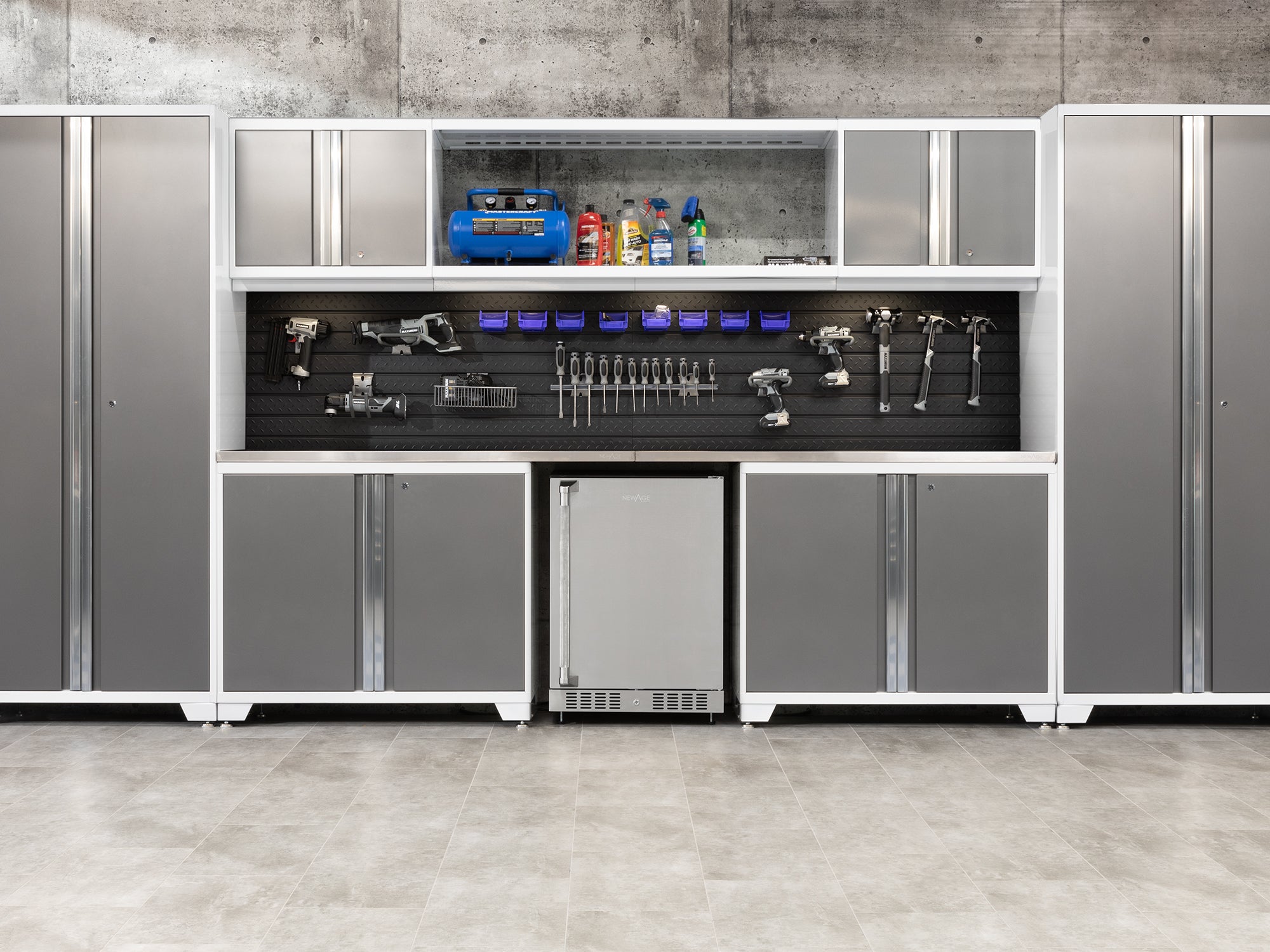 Pro Series 6 Piece Cabinet Set with Base, Wall Cabinet, Locker and Stainless Steel Door Fridge