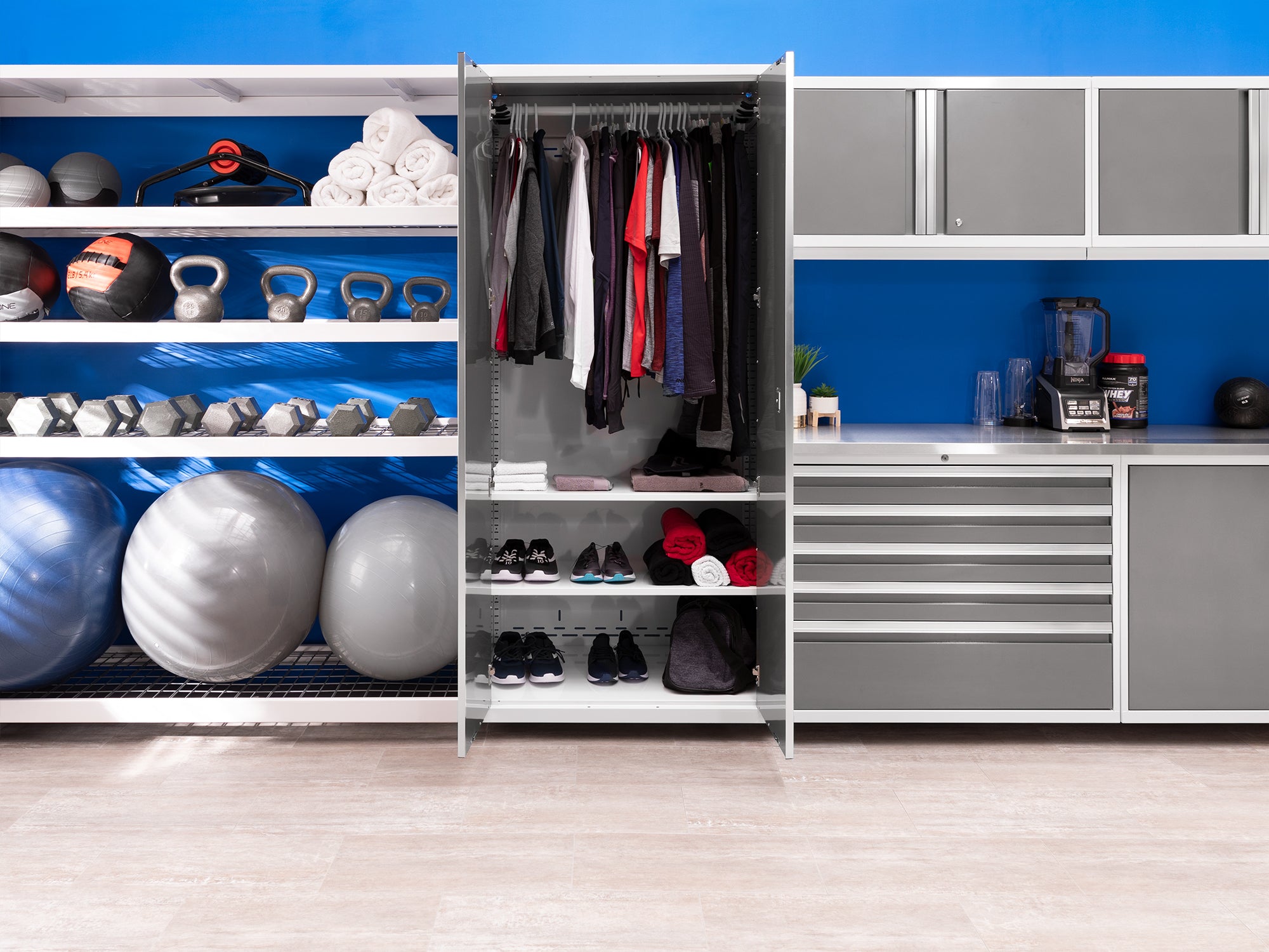 Pro Series 6 Piece Cabinet Set with Base, Wall Cabinet, Locker and Stainless Steel Door Fridge