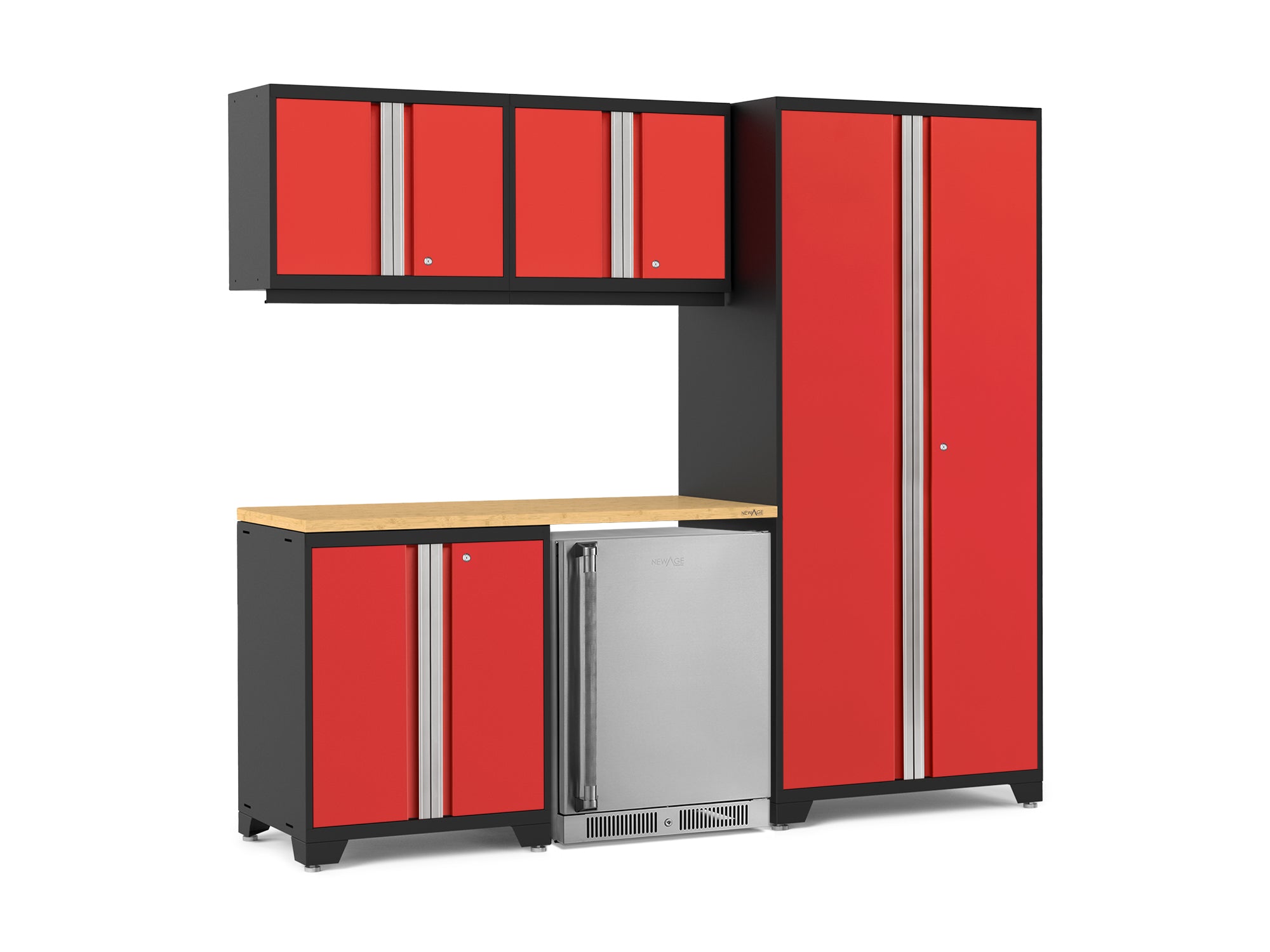 Pro Series 6 Piece Cabinet Set with Base, Wall Cabinet, Locker and Stainless Steel Door Fridge