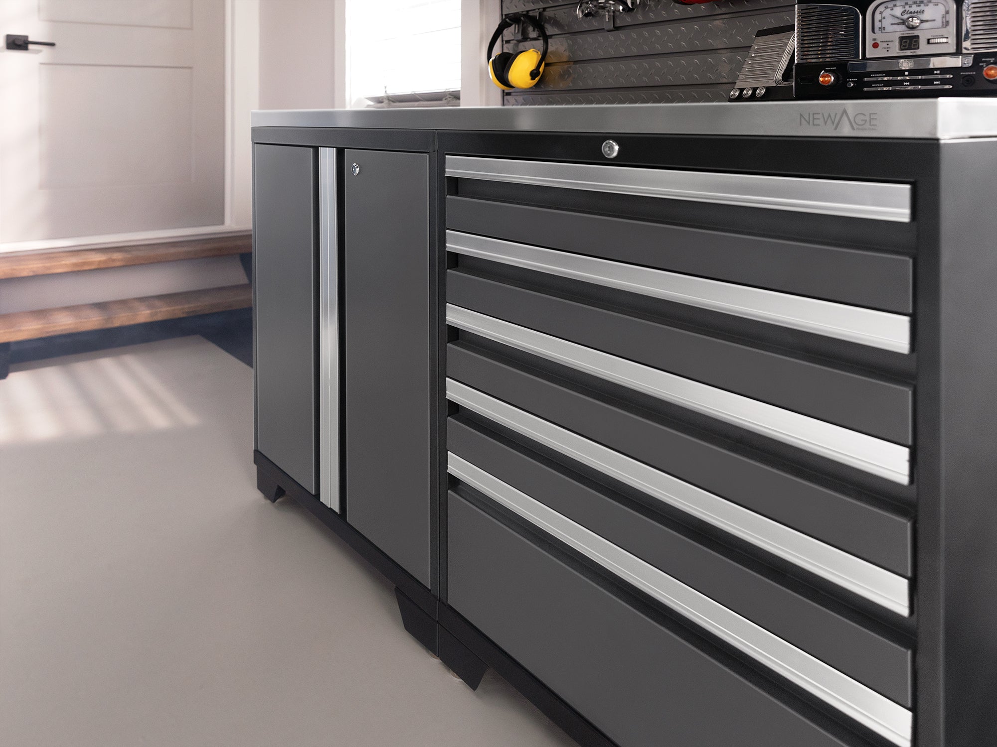 Pro Series 6 Piece Cabinet Set with Base, Wall Cabinet, Locker and Stainless Steel Door Fridge