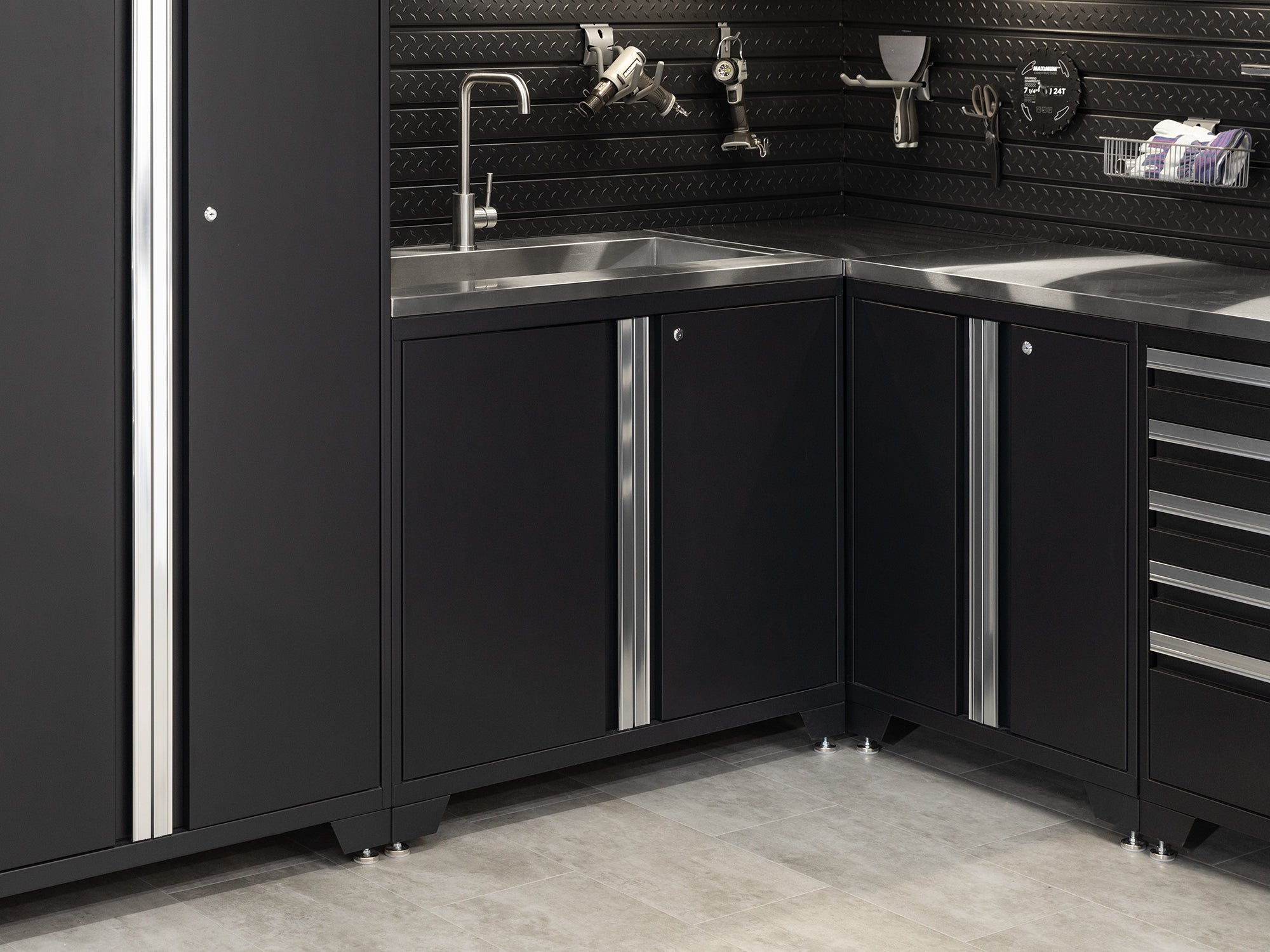 Pro Series 6 Piece Cabinet Set with Base, Wall Cabinet, Locker and Stainless Steel Door Fridge