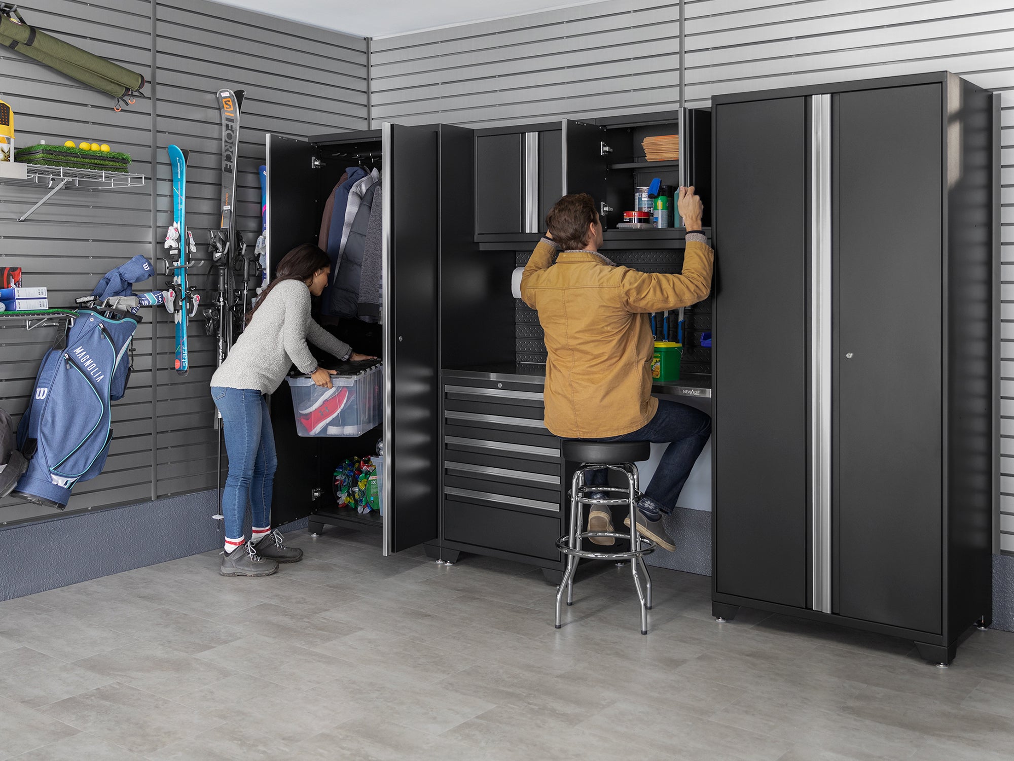 Pro Series 6 Piece Cabinet Set with Base, Wall Cabinet, Locker and Stainless Steel Door Fridge
