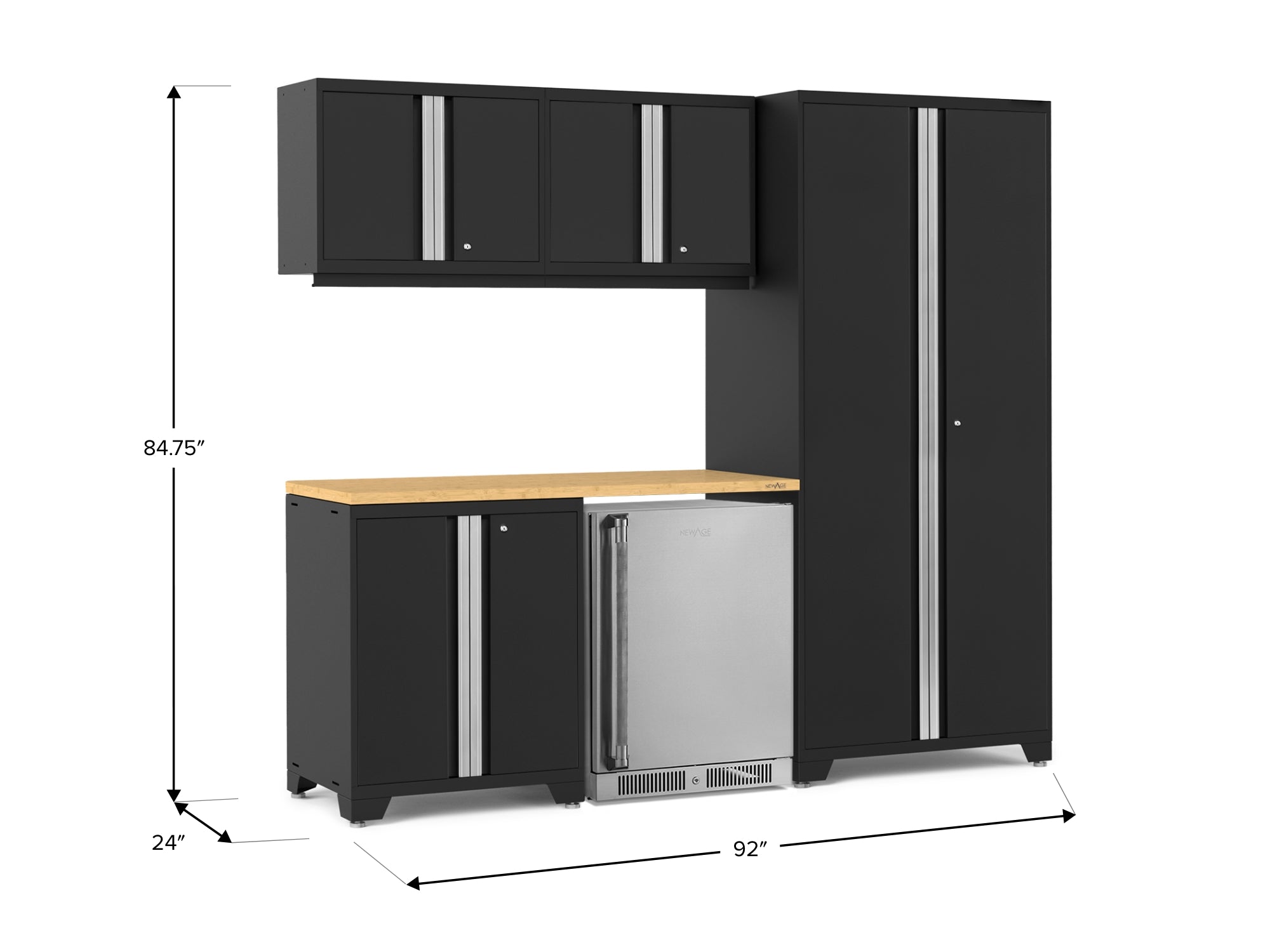 Pro Series 6 Piece Cabinet Set with Base, Wall Cabinet, Locker and Stainless Steel Door Fridge