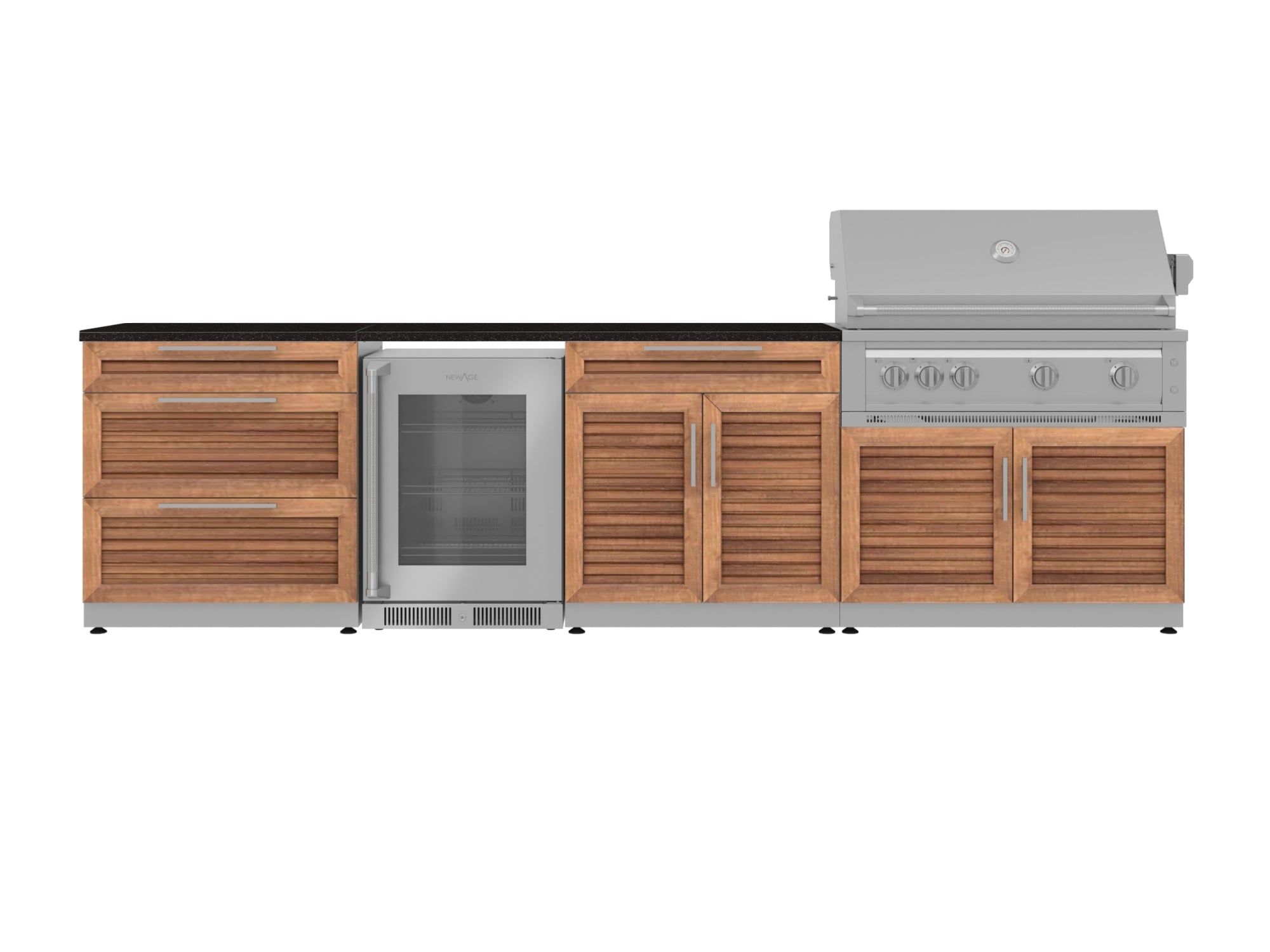 Outdoor Kitchen Stainless Steel Louvered Doors 7 Piece Cabinet Set with 3-Drawer, Bar, Grill Cabinet, Platinum Grill, Countertop, and Glass Door Fridge