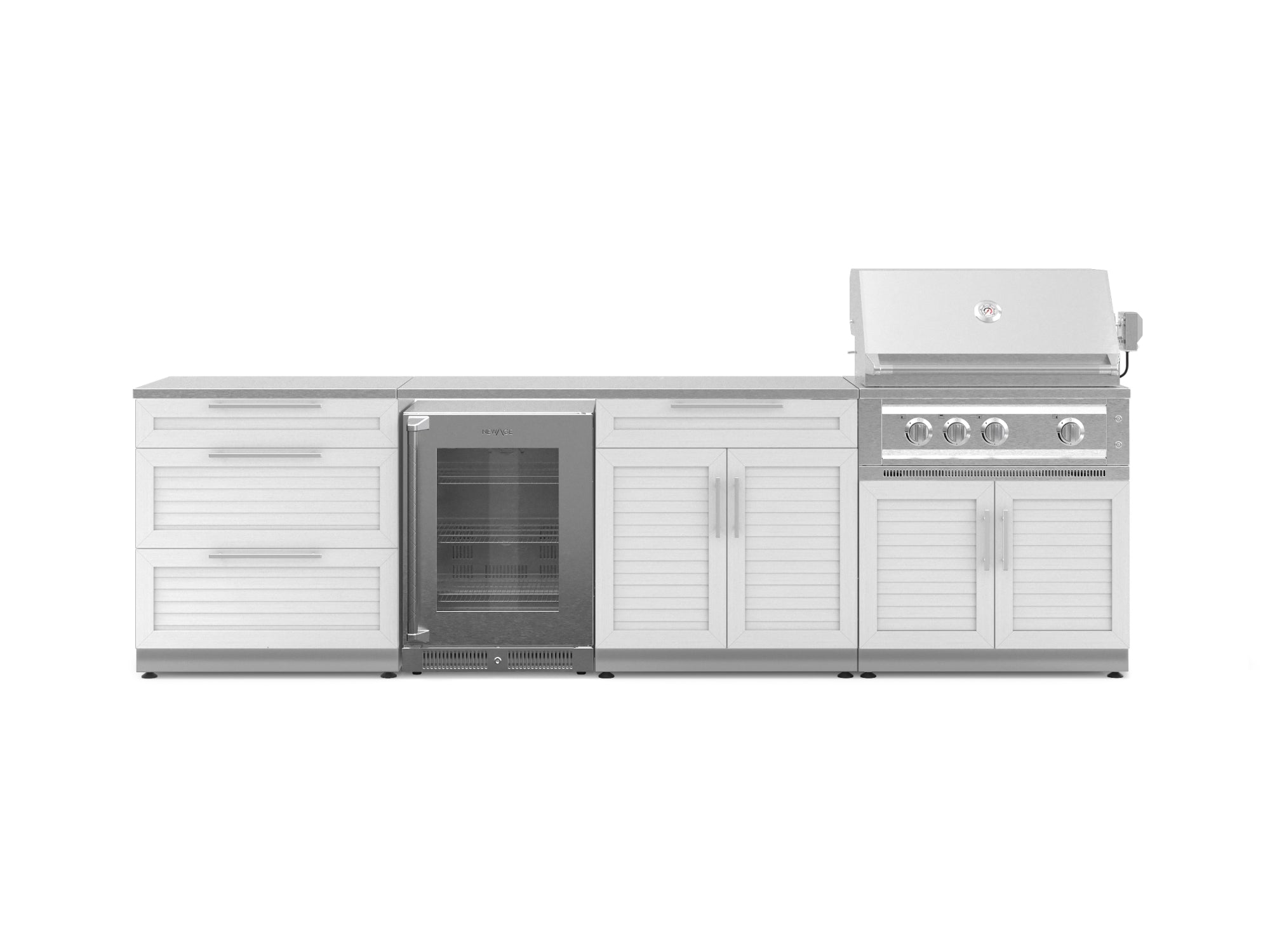 Outdoor Kitchen Stainless Steel Louvered Doors 7 Piece Cabinet Set with 3-Drawer, Bar, Grill Cabinet, Platinum Grill, Countertop, and Glass Door Fridge