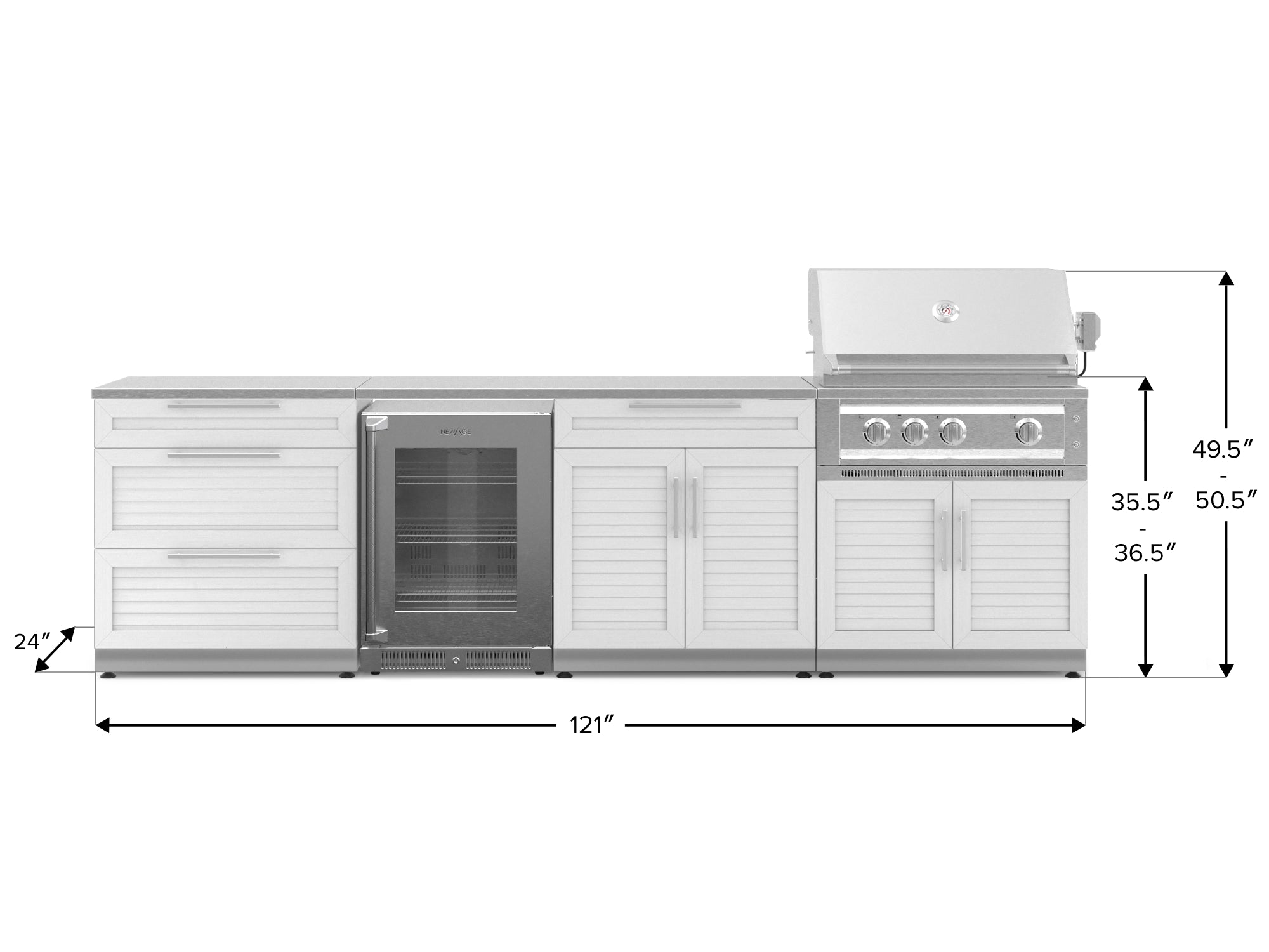 Outdoor Kitchen Stainless Steel Louvered Doors 7 Piece Cabinet Set with 3-Drawer, Bar, Grill Cabinet, Platinum Grill, Countertop, and Glass Door Fridge