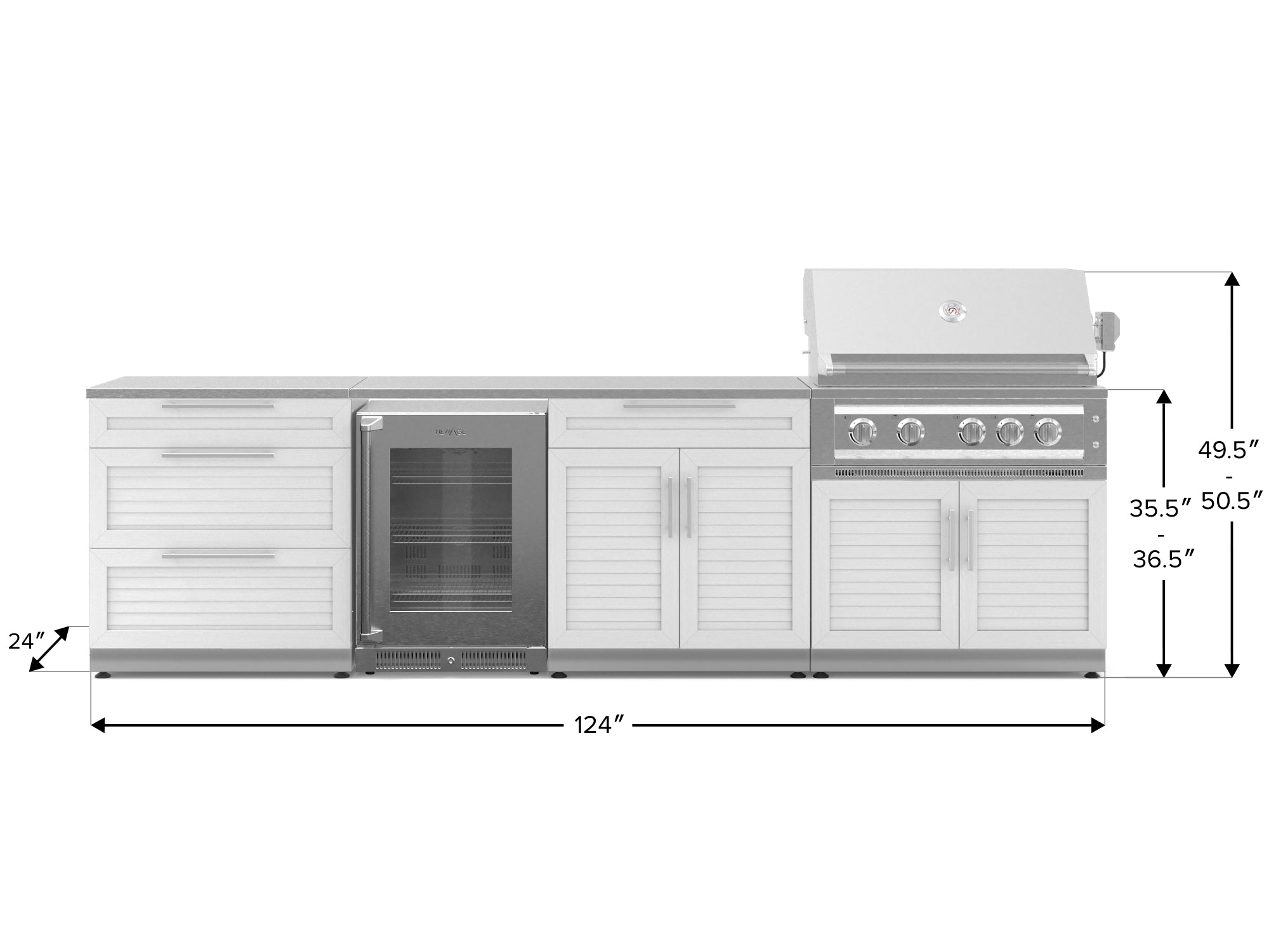 Outdoor Kitchen Stainless Steel Louvered Doors 7 Piece Cabinet Set with 3-Drawer, Bar, Grill Cabinet, Platinum Grill, Countertop, and Glass Door Fridge