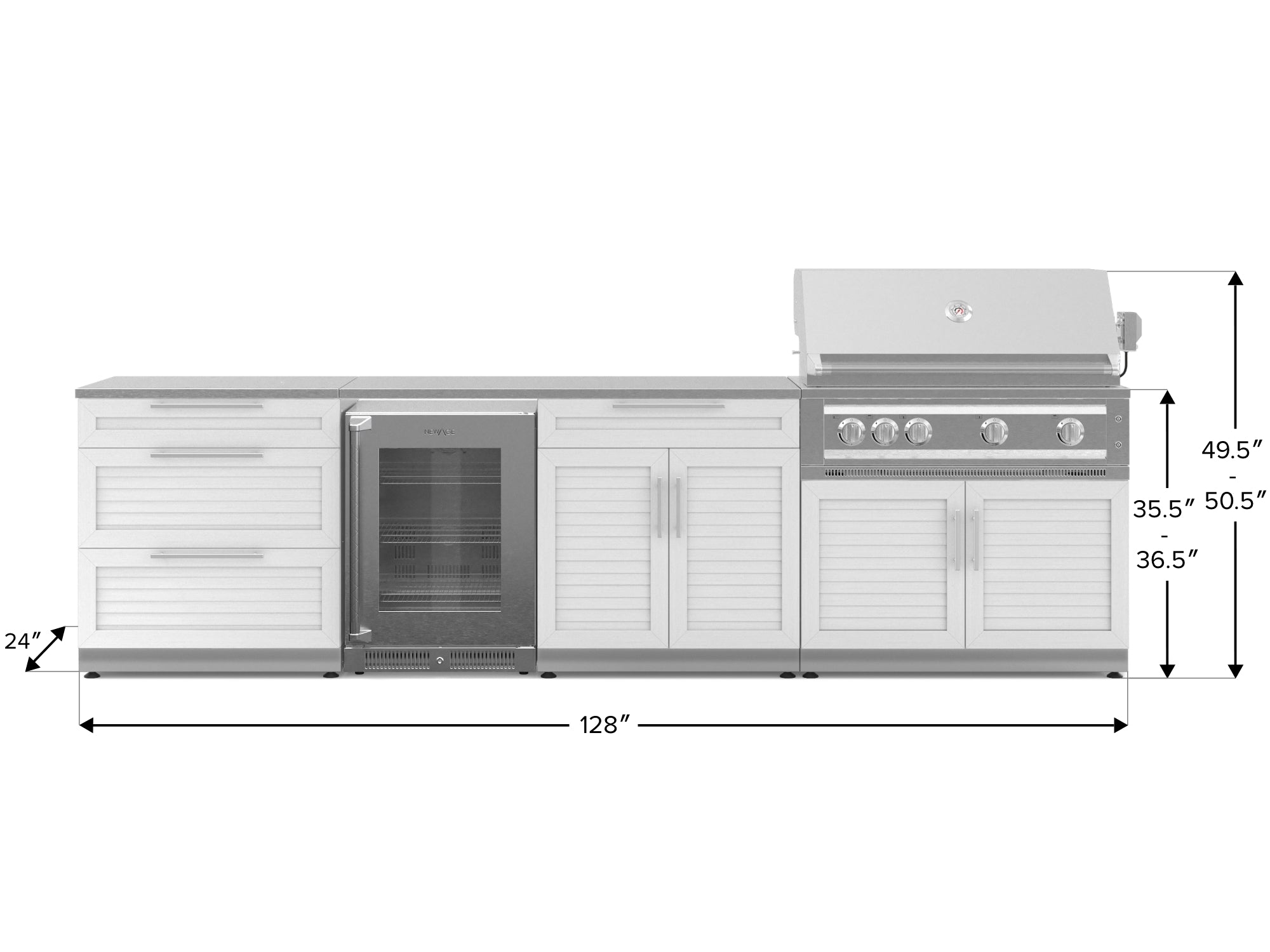 Outdoor Kitchen Stainless Steel Louvered Doors 7 Piece Cabinet Set with 3-Drawer, Bar, Grill Cabinet, Platinum Grill, Countertop, and Glass Door Fridge