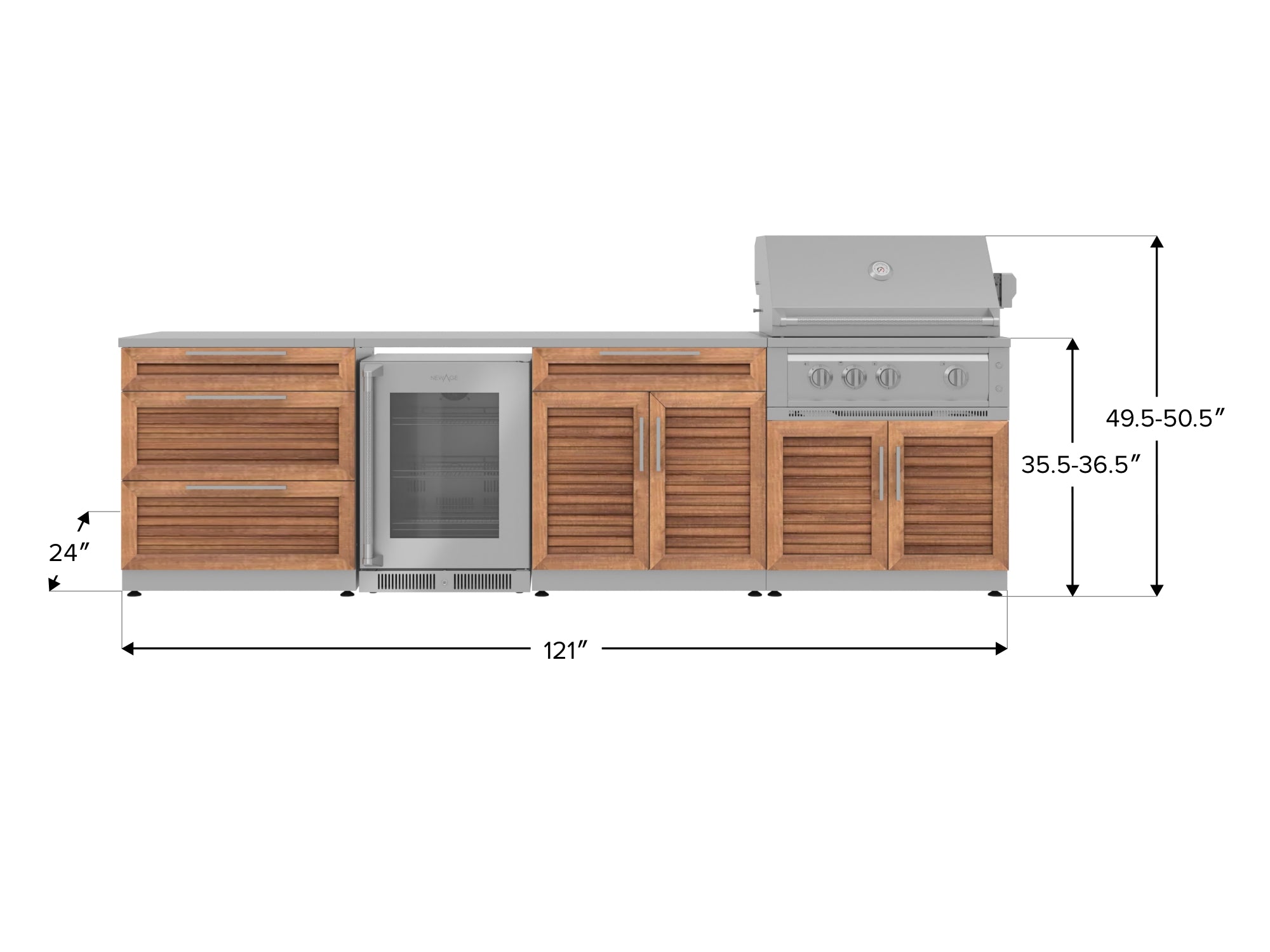 Outdoor Kitchen Stainless Steel Louvered Doors 7 Piece Cabinet Set with 3-Drawer, Bar, Grill Cabinet, Platinum Grill, Countertop, and Glass Door Fridge