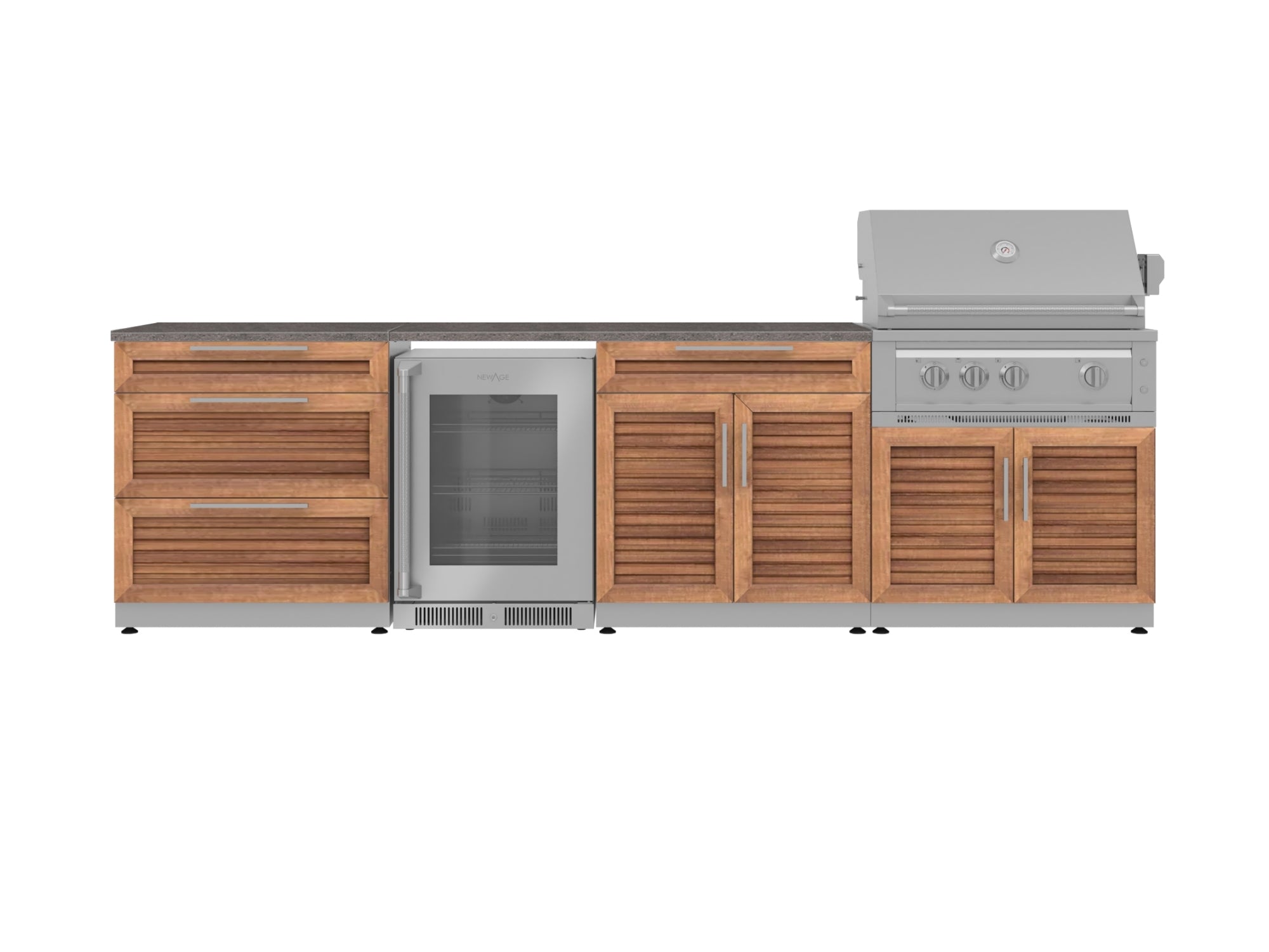 Outdoor Kitchen Stainless Steel Louvered Doors 7 Piece Cabinet Set with 3-Drawer, Bar, Grill Cabinet, Platinum Grill, Countertop, and Glass Door Fridge