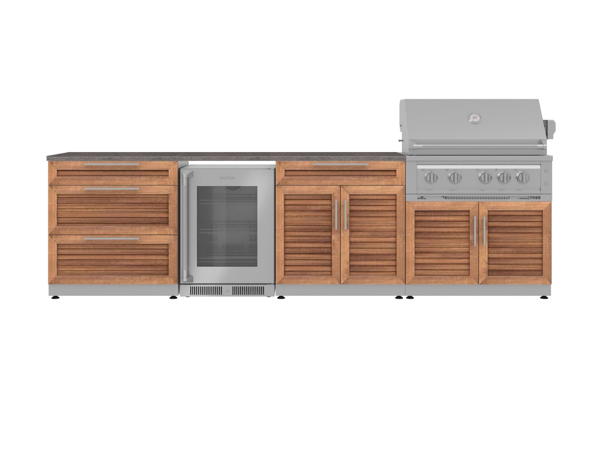 Outdoor Kitchen Stainless Steel Louvered Doors 7 Piece Cabinet Set with 3-Drawer, Bar, Grill Cabinet, Platinum Grill, Countertop, and Glass Door Fridge