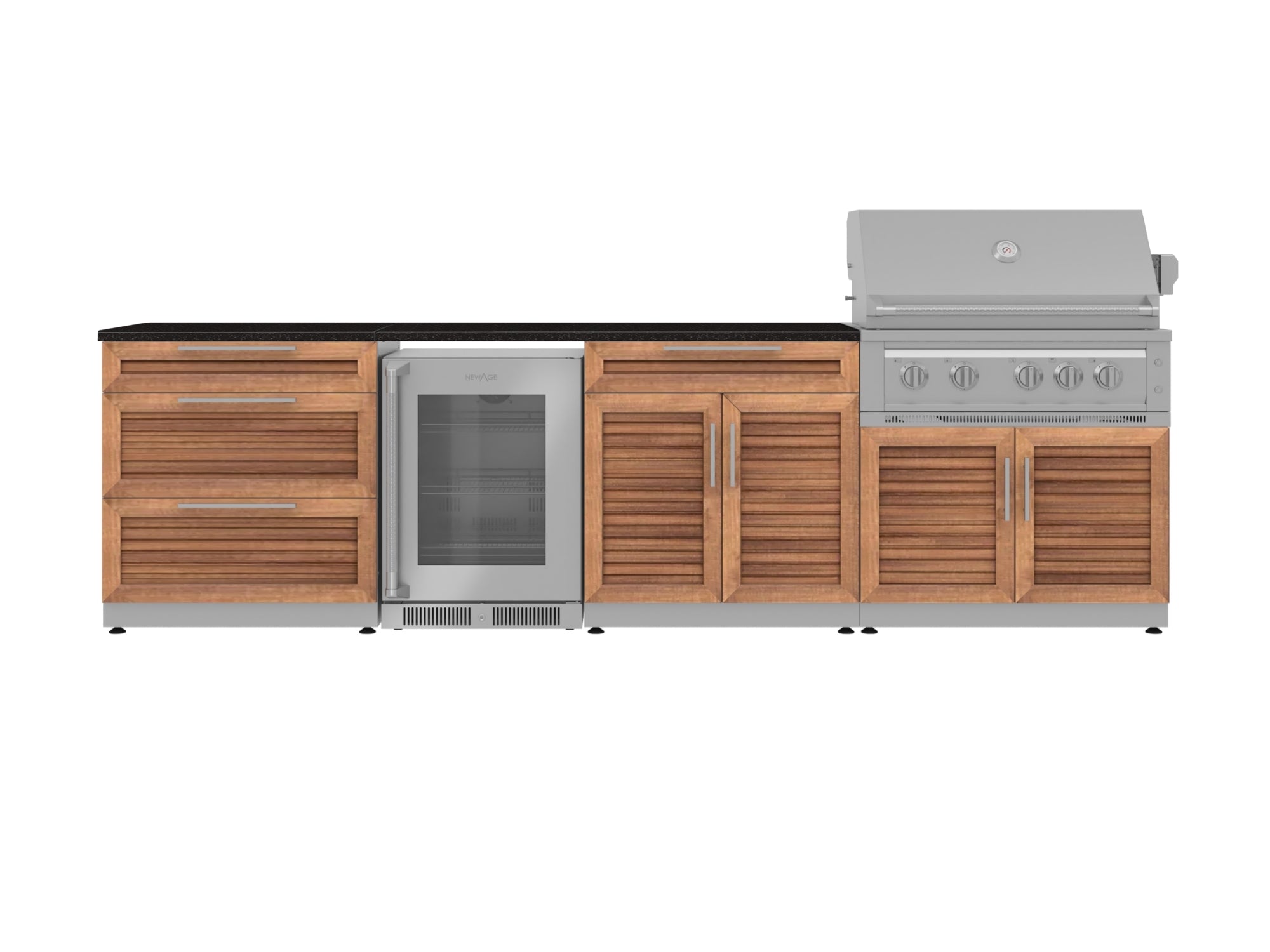 Outdoor Kitchen Stainless Steel Louvered Doors 7 Piece Cabinet Set with 3-Drawer, Bar, Grill Cabinet, Platinum Grill, Countertop, and Glass Door Fridge