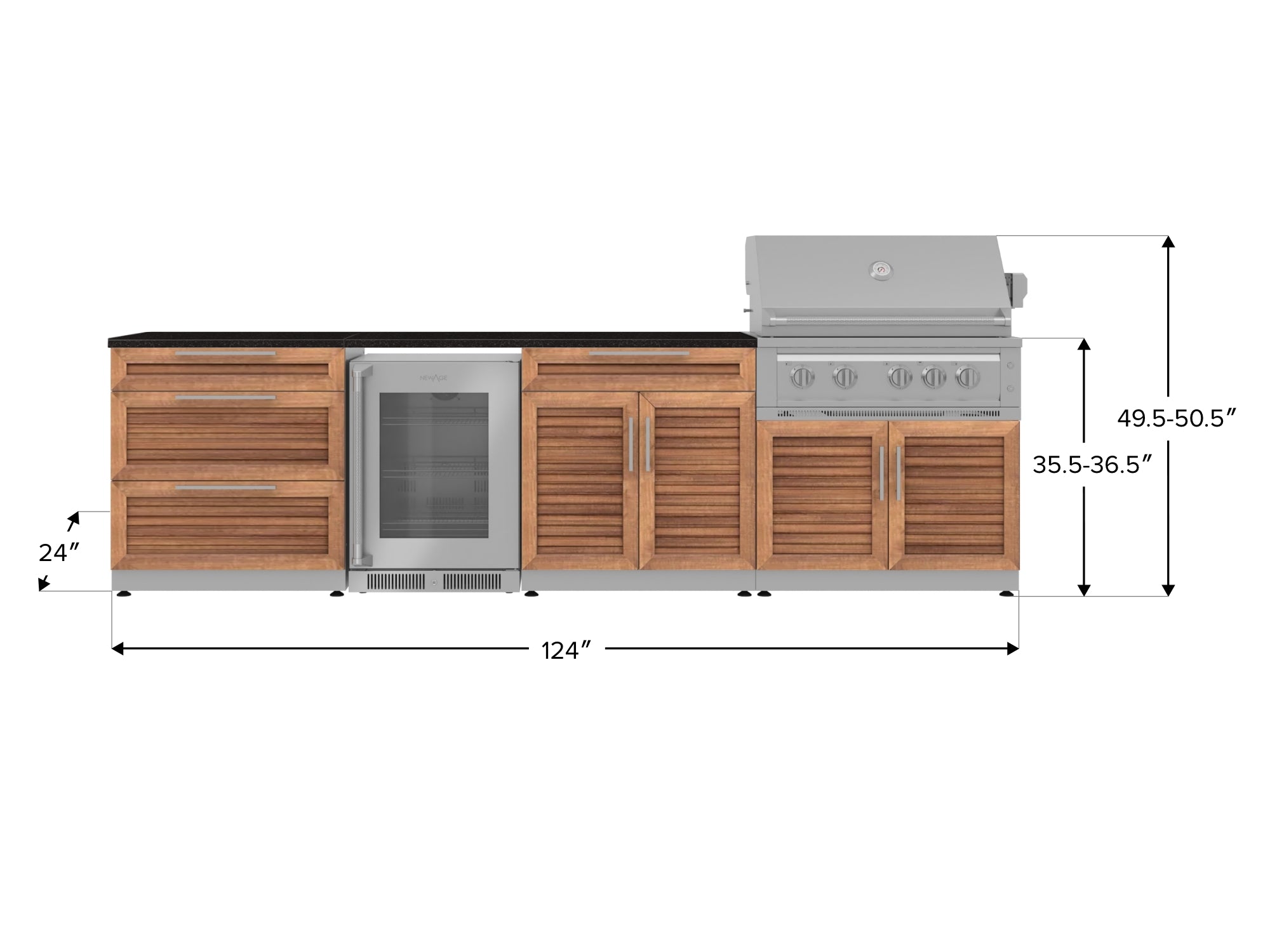 Outdoor Kitchen Stainless Steel Louvered Doors 7 Piece Cabinet Set with 3-Drawer, Bar, Grill Cabinet, Platinum Grill, Countertop, and Glass Door Fridge