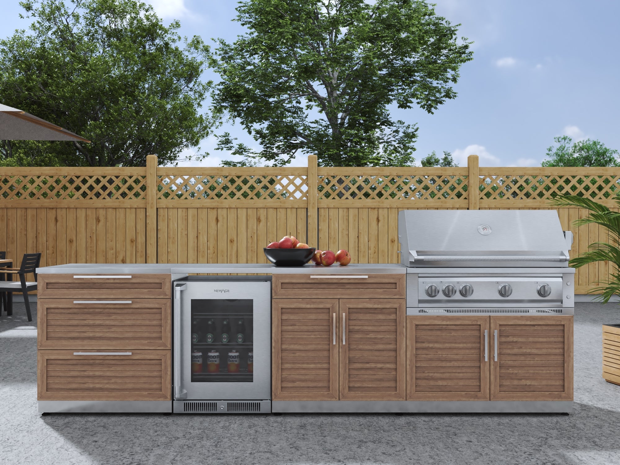Outdoor Kitchen Stainless Steel Louvered Doors 7 Piece Cabinet Set with 3-Drawer, Bar, Grill Cabinet, Platinum Grill, Countertop, and Glass Door Fridge