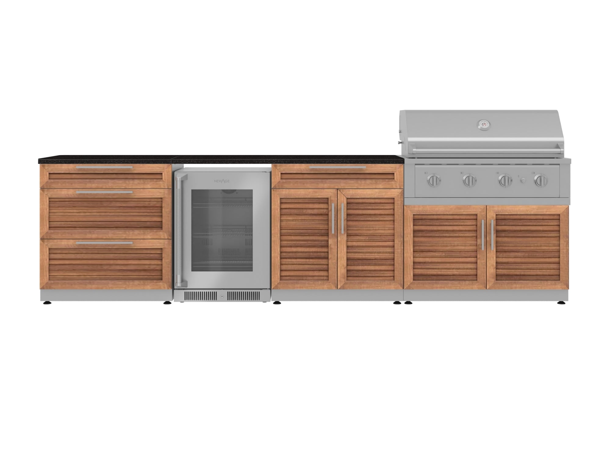 Outdoor Kitchen Stainless Steel Louvered Doors 7 Piece Cabinet Set with 3-Drawer, Bar, Grill Cabinet, Performance Grill, Countertops, and Glass Door Fridge