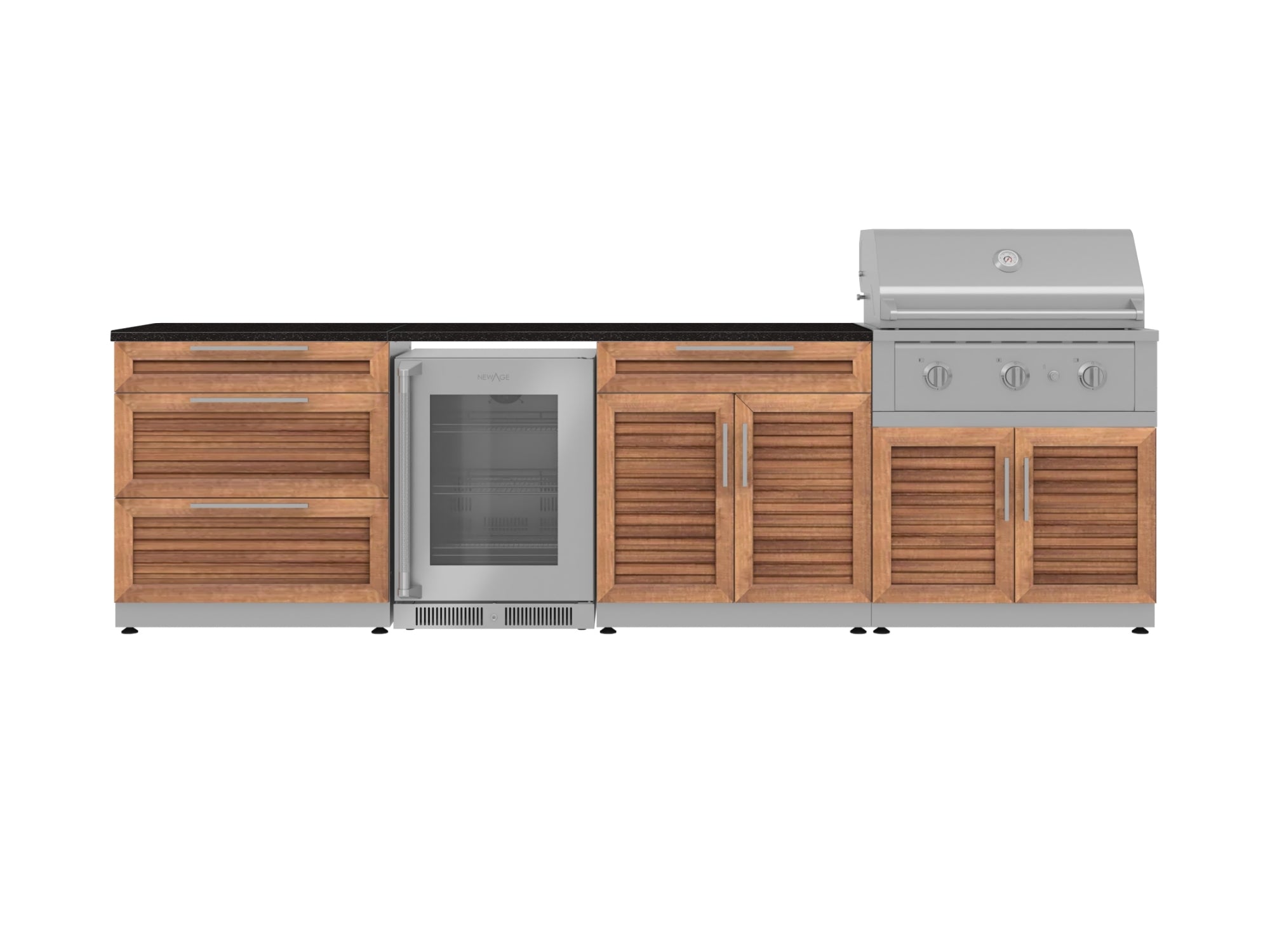 Outdoor Kitchen Stainless Steel Louvered Doors 7 Piece Cabinet Set with 3-Drawer, Bar, Grill Cabinet, Performance Grill, Countertops, and Glass Door Fridge