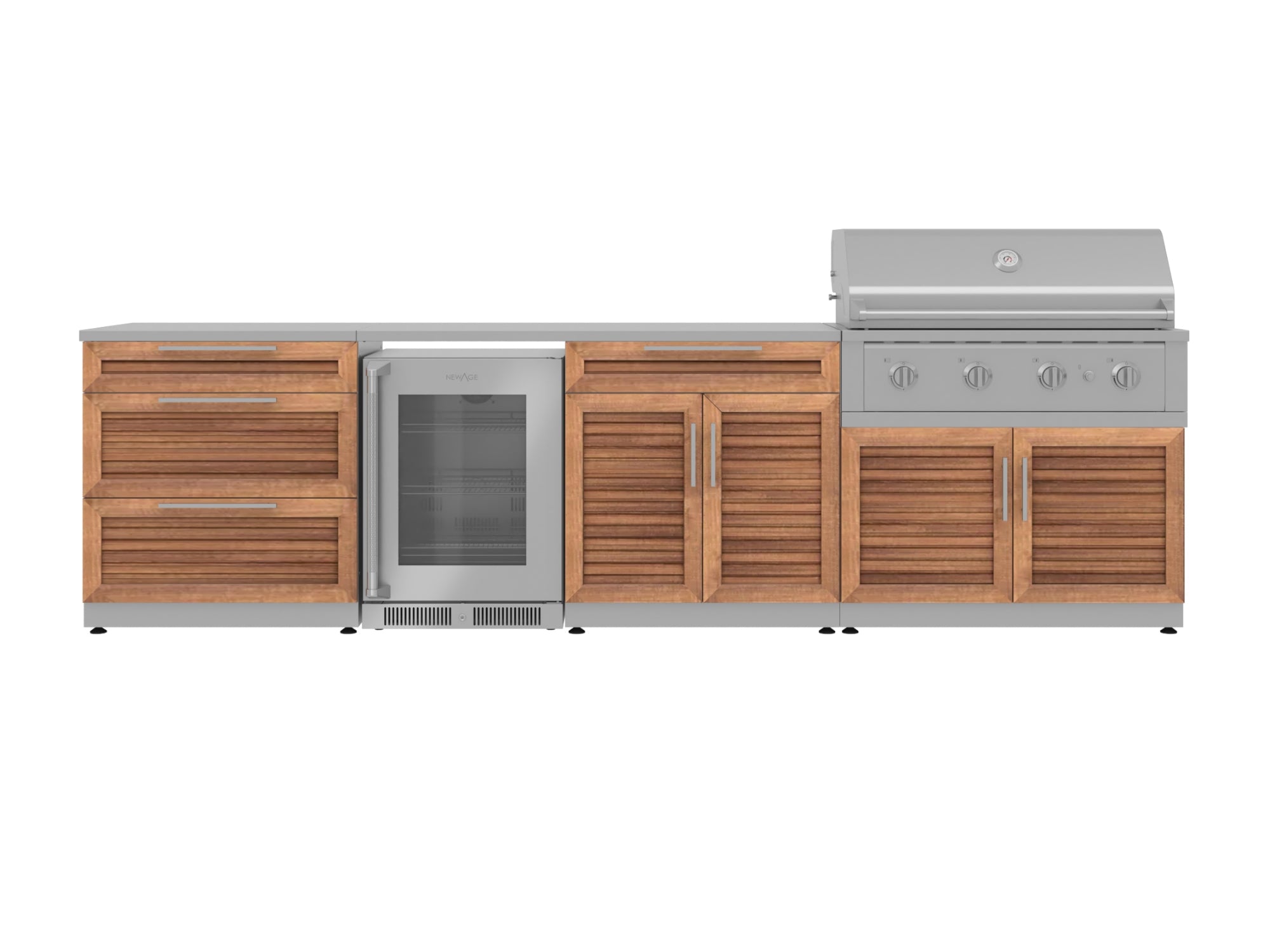 Outdoor Kitchen Stainless Steel Louvered Doors 7 Piece Cabinet Set with 3-Drawer, Bar, Grill Cabinet, Performance Grill, Countertops, and Glass Door Fridge