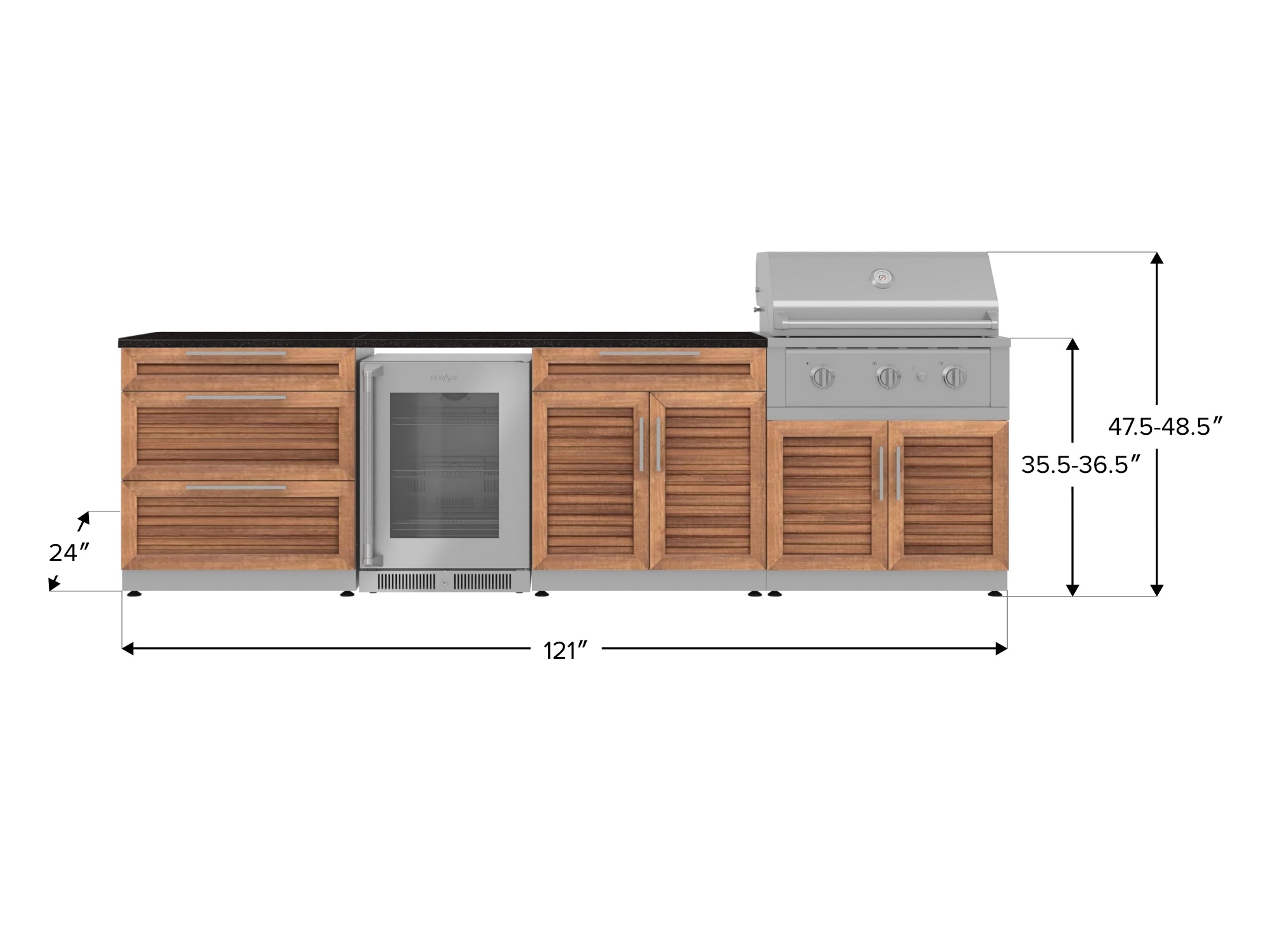 Outdoor Kitchen Stainless Steel Louvered Doors 7 Piece Cabinet Set with 3-Drawer, Bar, Grill Cabinet, Performance Grill, Countertops, and Glass Door Fridge