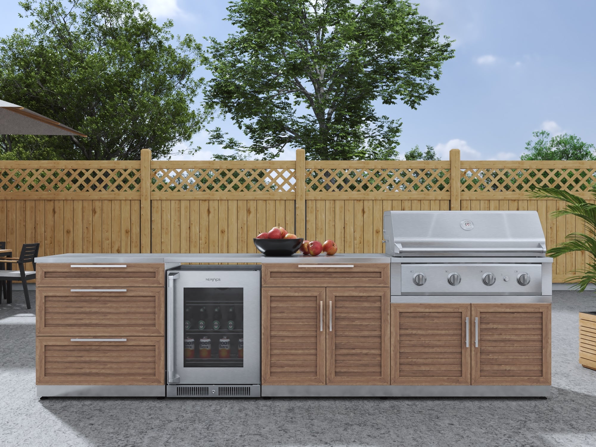 Outdoor Kitchen Stainless Steel Louvered Doors 7 Piece Cabinet Set with 3-Drawer, Bar, Grill Cabinet, Performance Grill, Countertops, and Glass Door Fridge