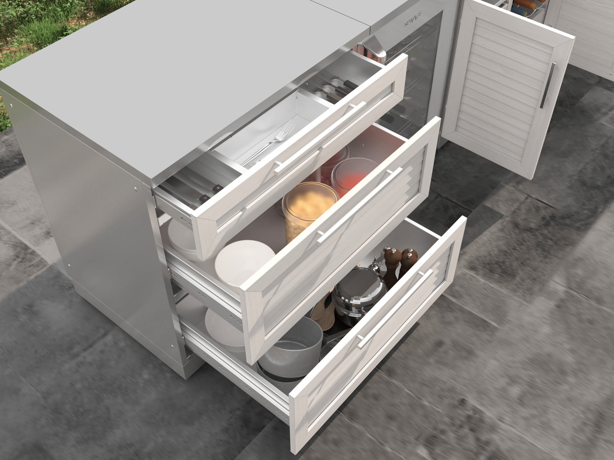 Outdoor Kitchen Stainless Steel Louvered Doors 7 Piece Cabinet Set with 3-Drawer, Bar, Grill Cabinet, Performance Grill, Countertops, and Glass Door Fridge