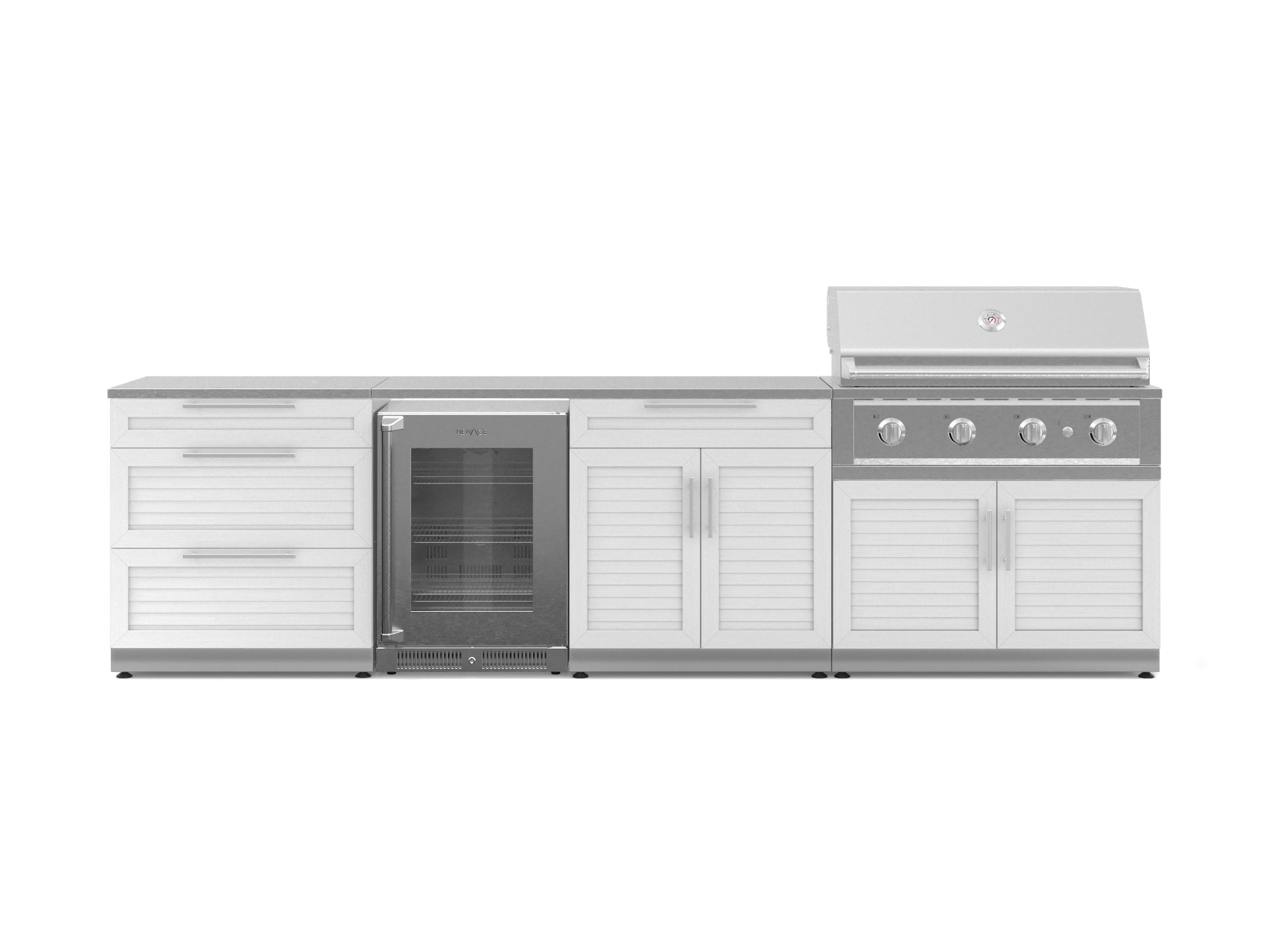 Outdoor Kitchen Stainless Steel Louvered Doors 7 Piece Cabinet Set with 3-Drawer, Bar, Grill Cabinet, Performance Grill, Countertops, and Glass Door Fridge