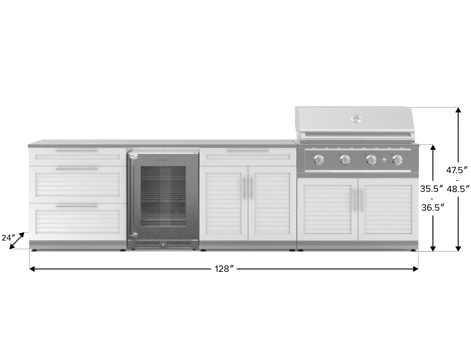 Outdoor Kitchen Stainless Steel Louvered Doors 7 Piece Cabinet Set with 3-Drawer, Bar, Grill Cabinet, Performance Grill, Countertops, and Glass Door Fridge