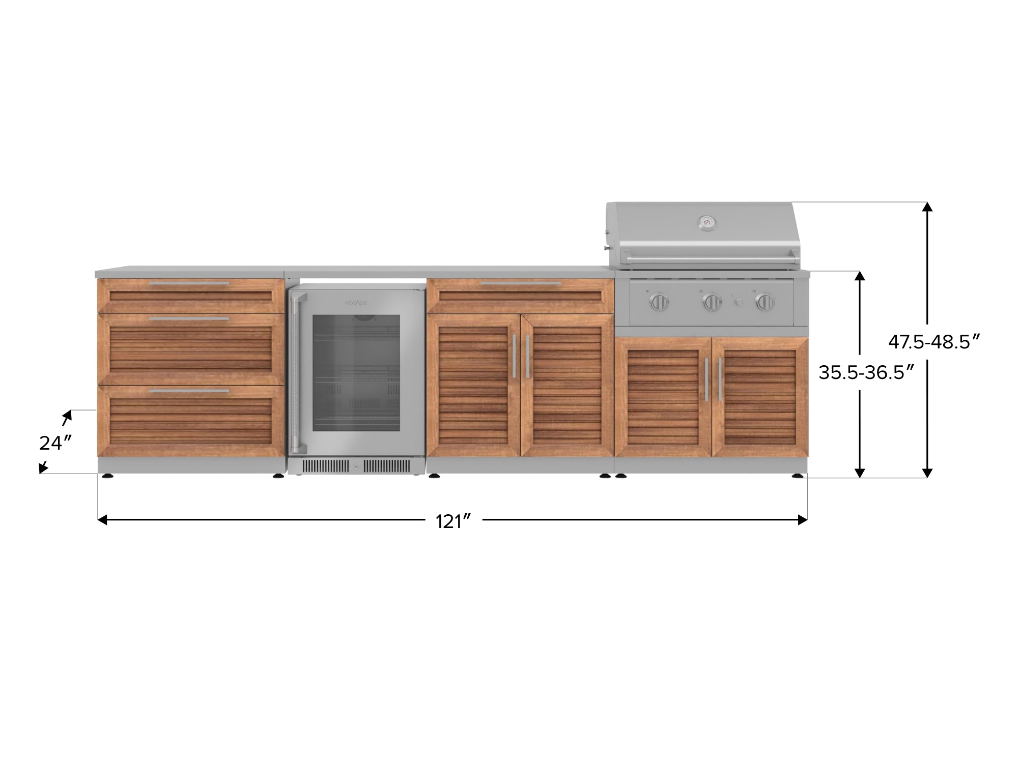 Outdoor Kitchen Stainless Steel Louvered Doors 7 Piece Cabinet Set with 3-Drawer, Bar, Grill Cabinet, Performance Grill, Countertops, and Glass Door Fridge