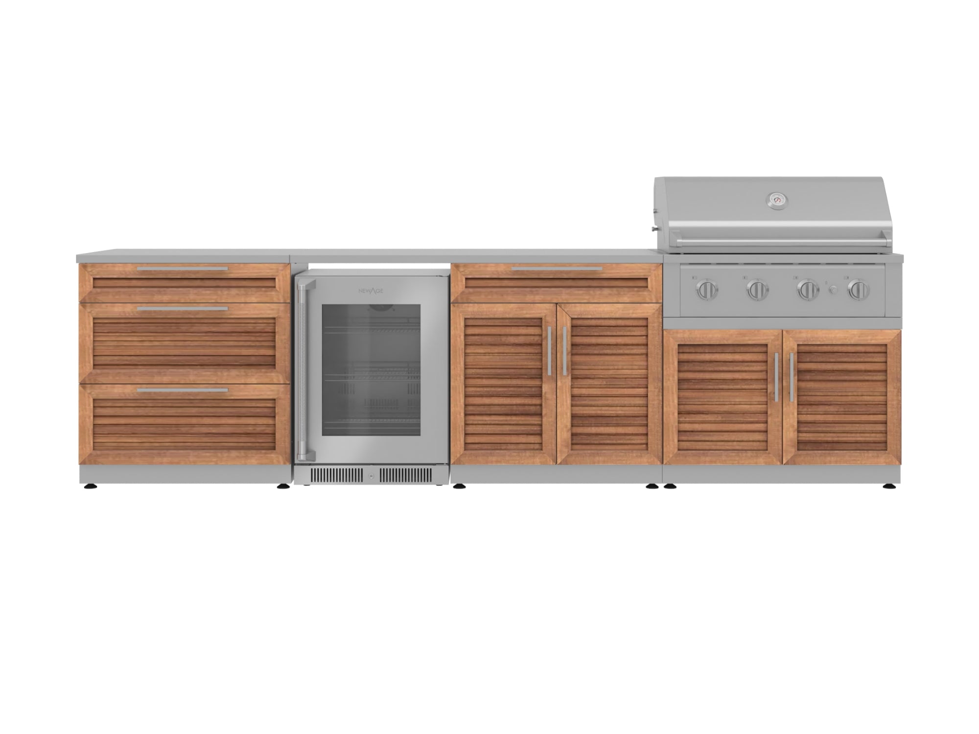 Outdoor Kitchen Stainless Steel Louvered Doors 7 Piece Cabinet Set with 3-Drawer, Bar, Grill Cabinet, Performance Grill, Countertops, and Glass Door Fridge