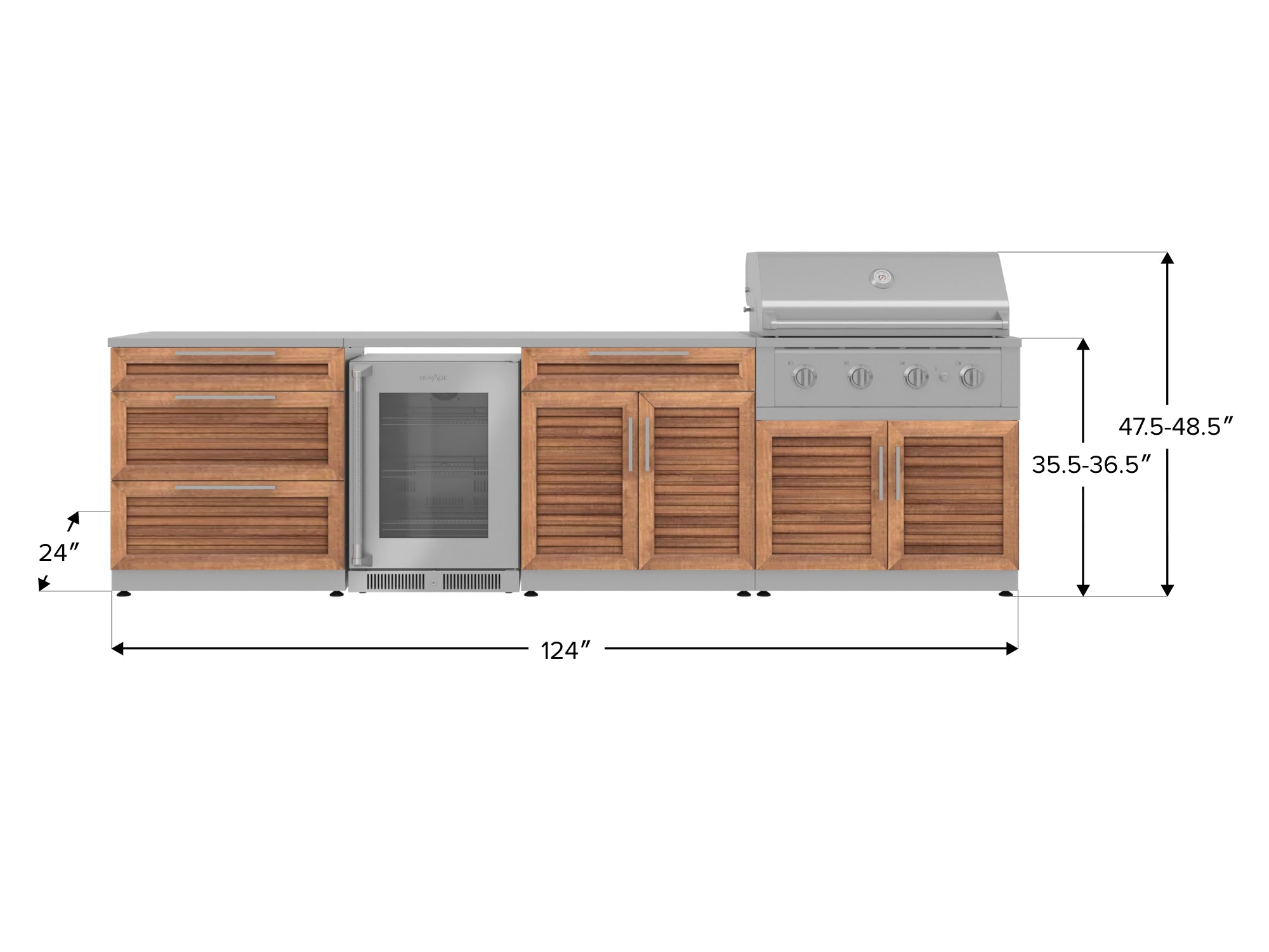 Outdoor Kitchen Stainless Steel Louvered Doors 7 Piece Cabinet Set with 3-Drawer, Bar, Grill Cabinet, Performance Grill, Countertops, and Glass Door Fridge