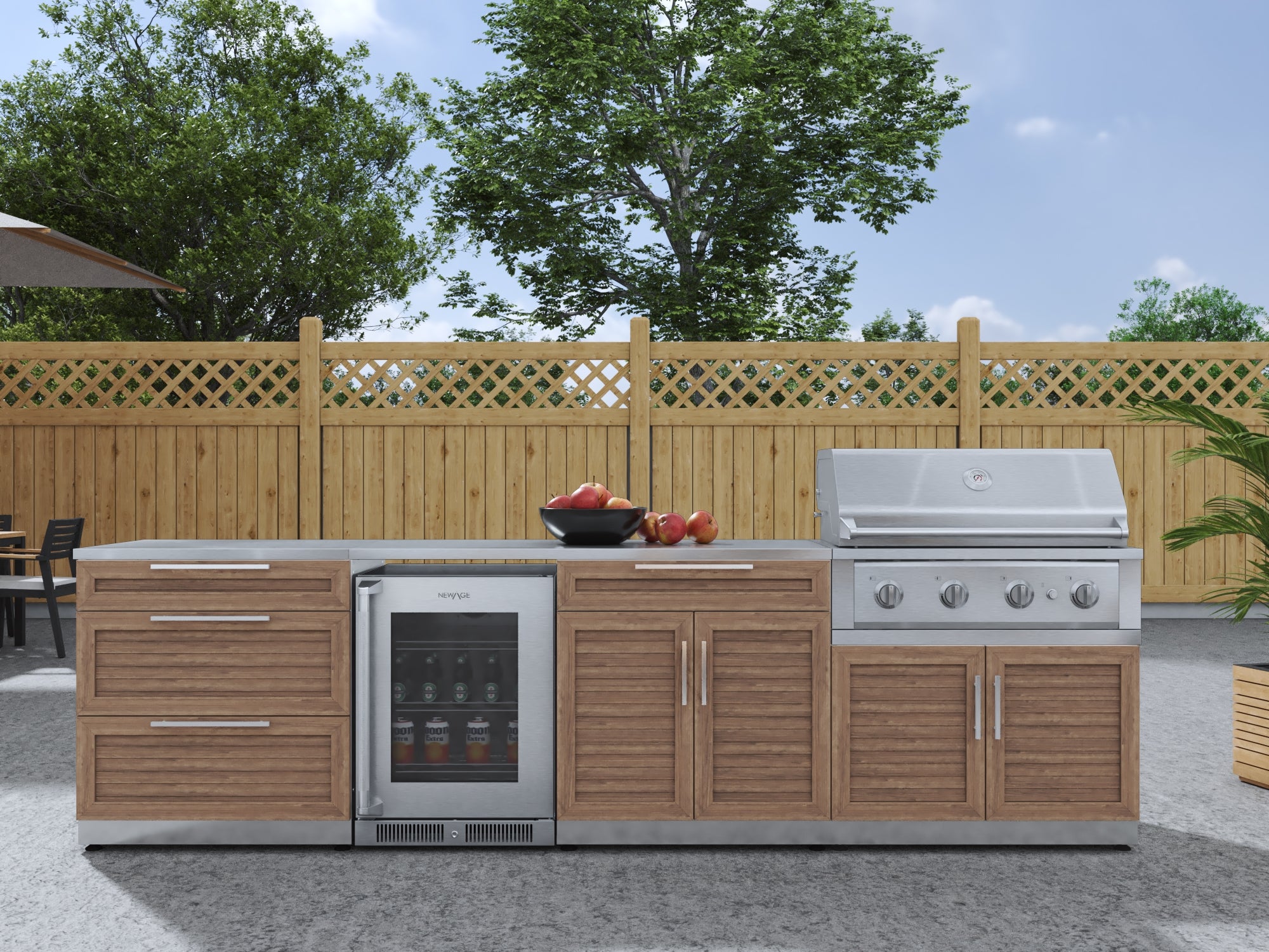Outdoor Kitchen Stainless Steel Louvered Doors 7 Piece Cabinet Set with 3-Drawer, Bar, Grill Cabinet, Performance Grill, Countertops, and Glass Door Fridge