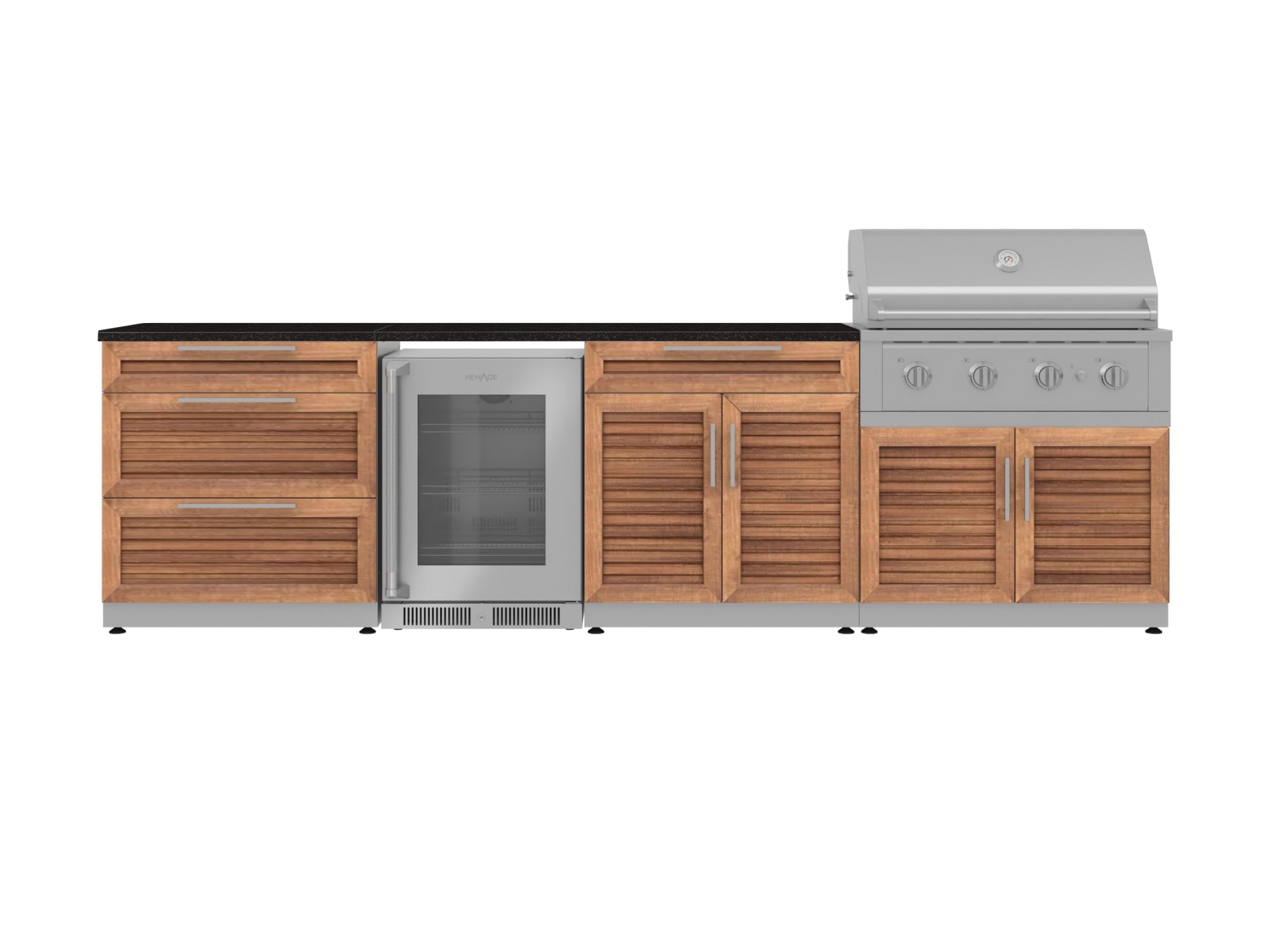Outdoor Kitchen Stainless Steel Louvered Doors 7 Piece Cabinet Set with 3-Drawer, Bar, Grill Cabinet, Performance Grill, Countertops, and Glass Door Fridge