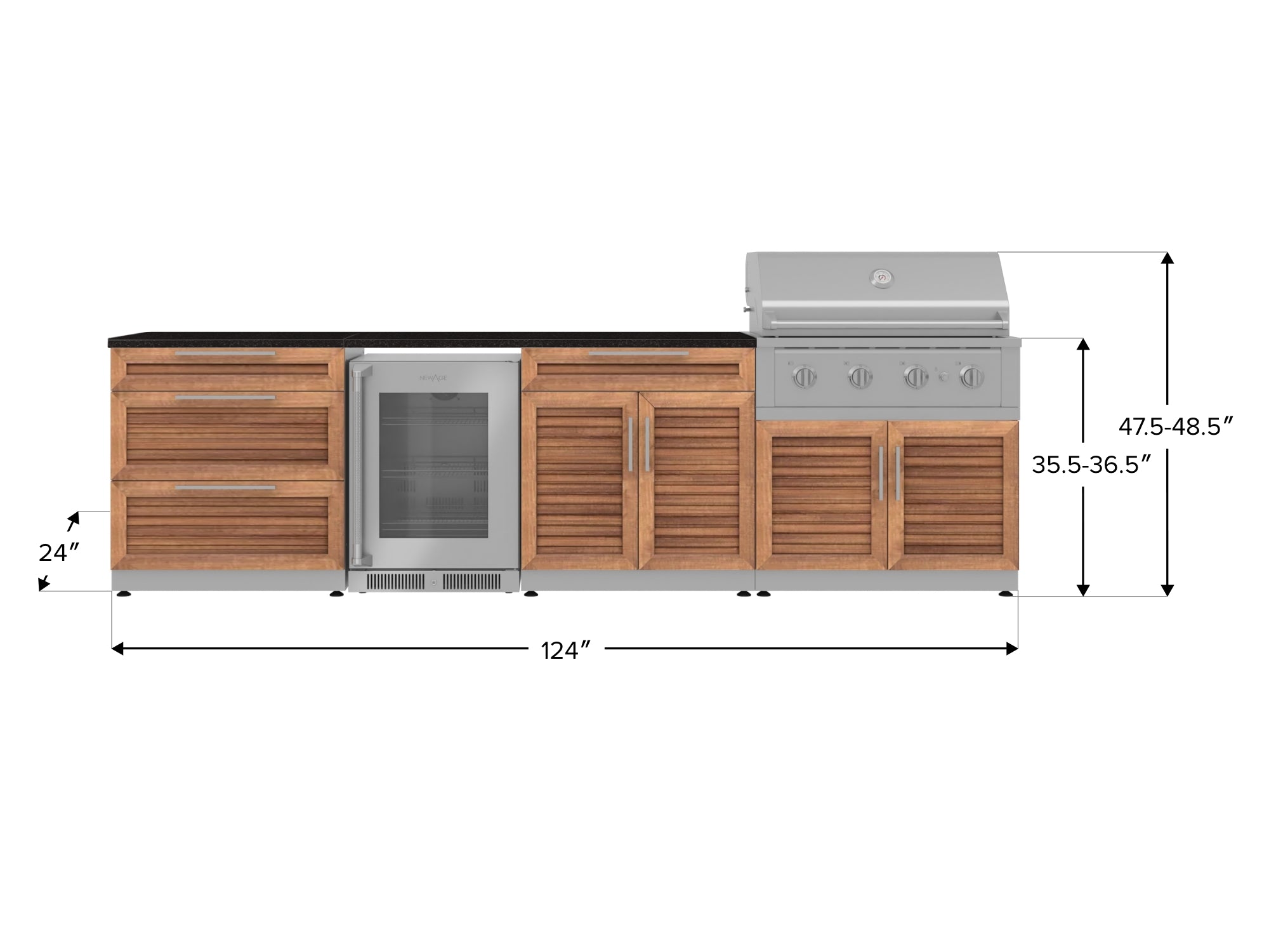 Outdoor Kitchen Stainless Steel Louvered Doors 7 Piece Cabinet Set with 3-Drawer, Bar, Grill Cabinet, Performance Grill, Countertops, and Glass Door Fridge