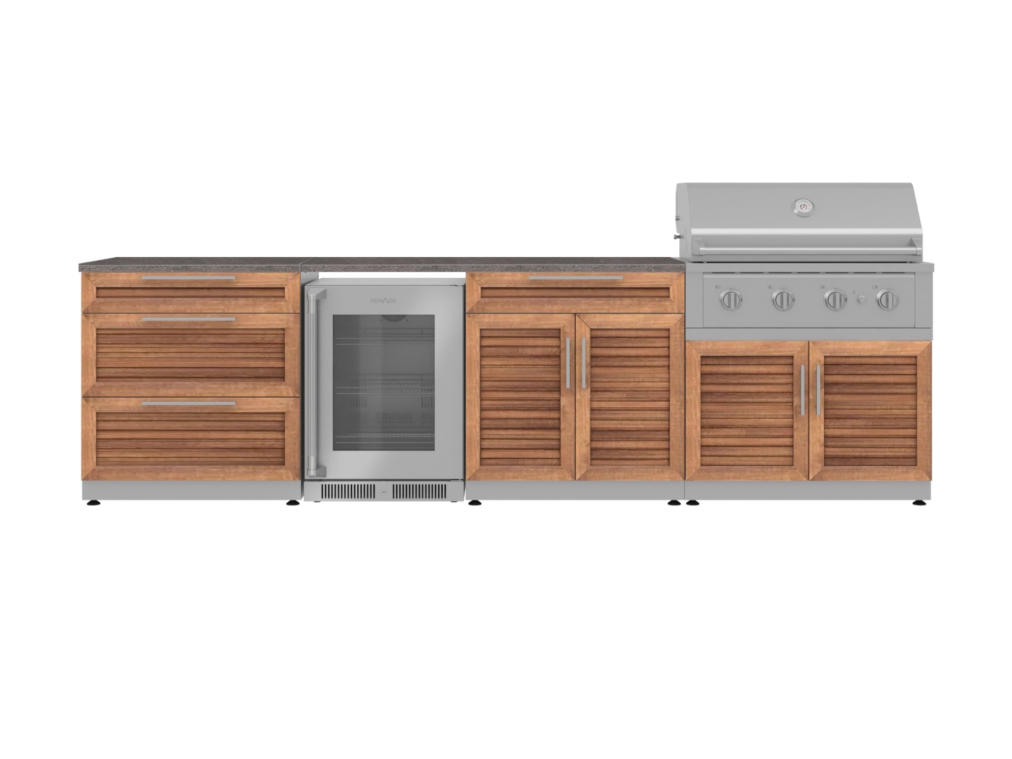Outdoor Kitchen Stainless Steel Louvered Doors 7 Piece Cabinet Set with 3-Drawer, Bar, Grill Cabinet, Performance Grill, Countertops, and Glass Door Fridge