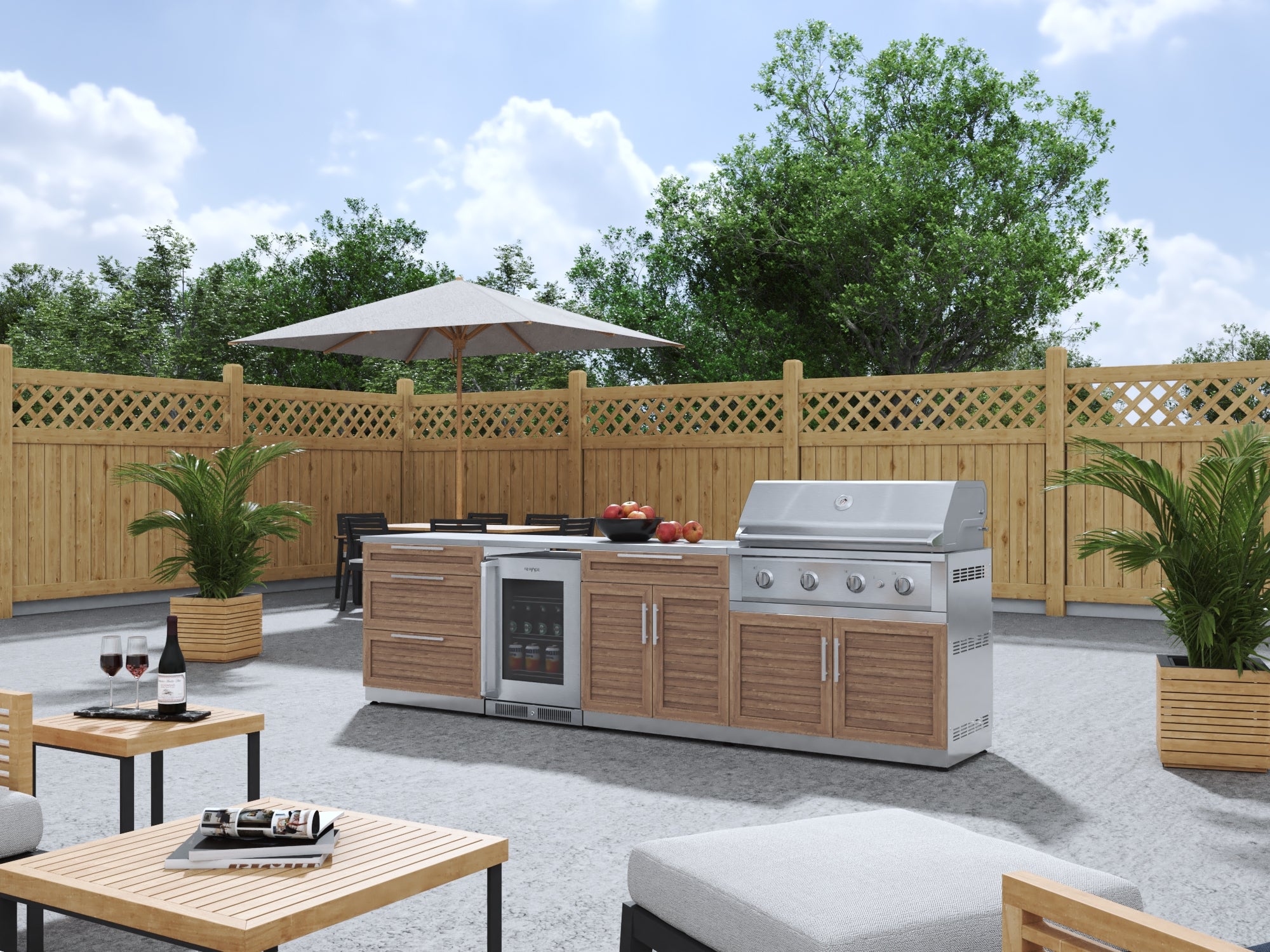 Outdoor Kitchen Stainless Steel Louvered Doors 7 Piece Cabinet Set with 3-Drawer, Bar, Grill Cabinet, Performance Grill, Countertops, and Glass Door Fridge