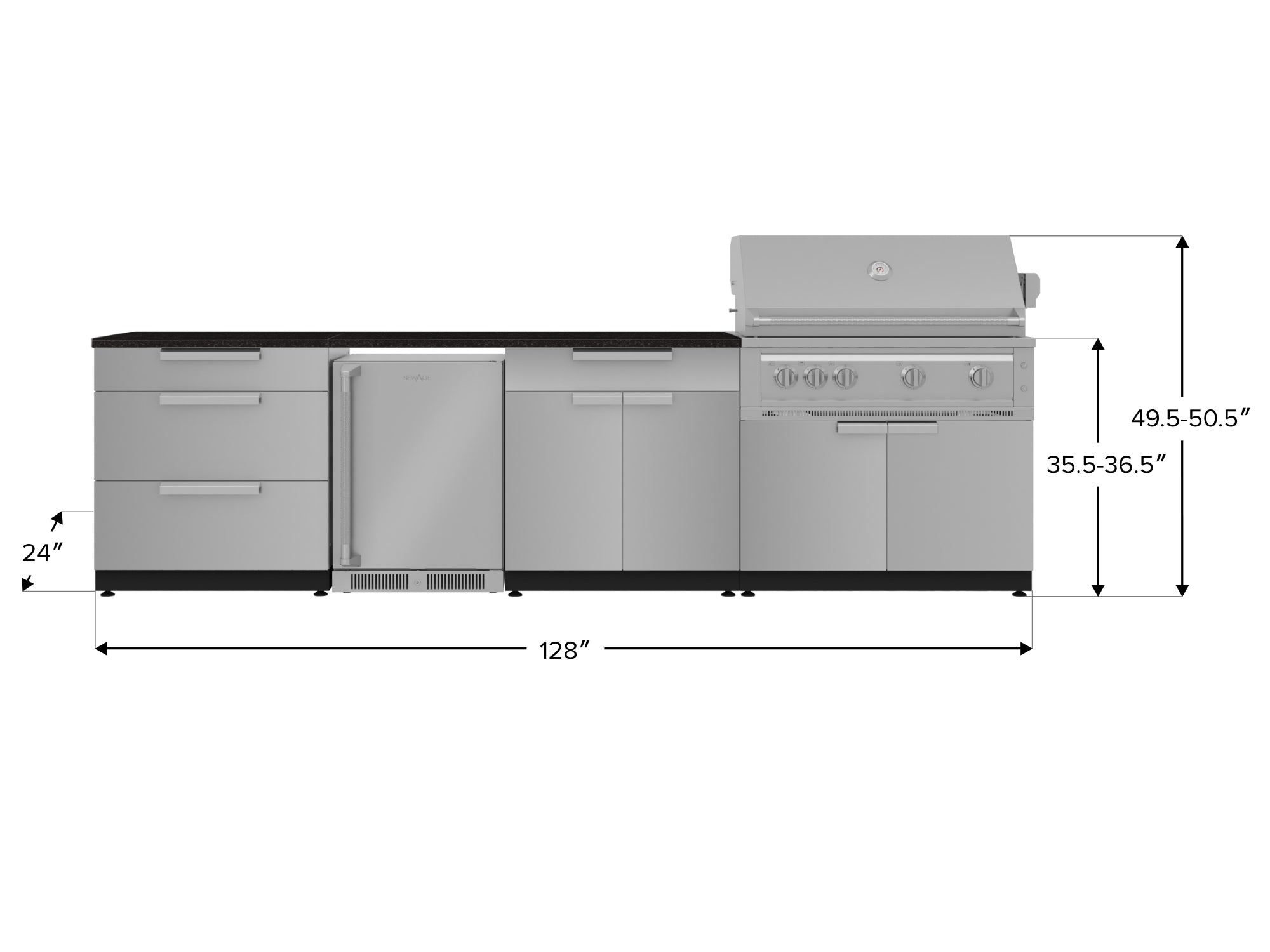 Outdoor Kitchen Stainless Steel 7 Piece Cabinet Set with 3-Drawer, Bar, Grill Cabinet, Platinum Grill, Countertop, and Stainless Steel Door Fridge