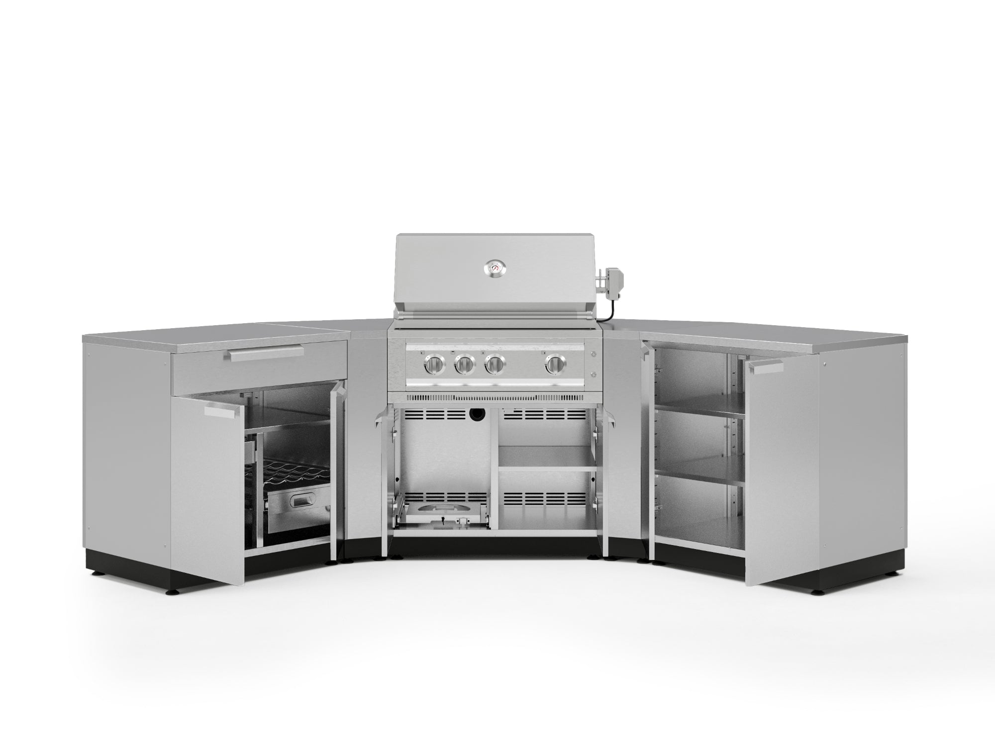 Outdoor Kitchen Stainless-Steel 7 Piece Cabinet Set with 2 Door, Bar, Corner, Grill Cabinet, Platinum Grill, and Countertops