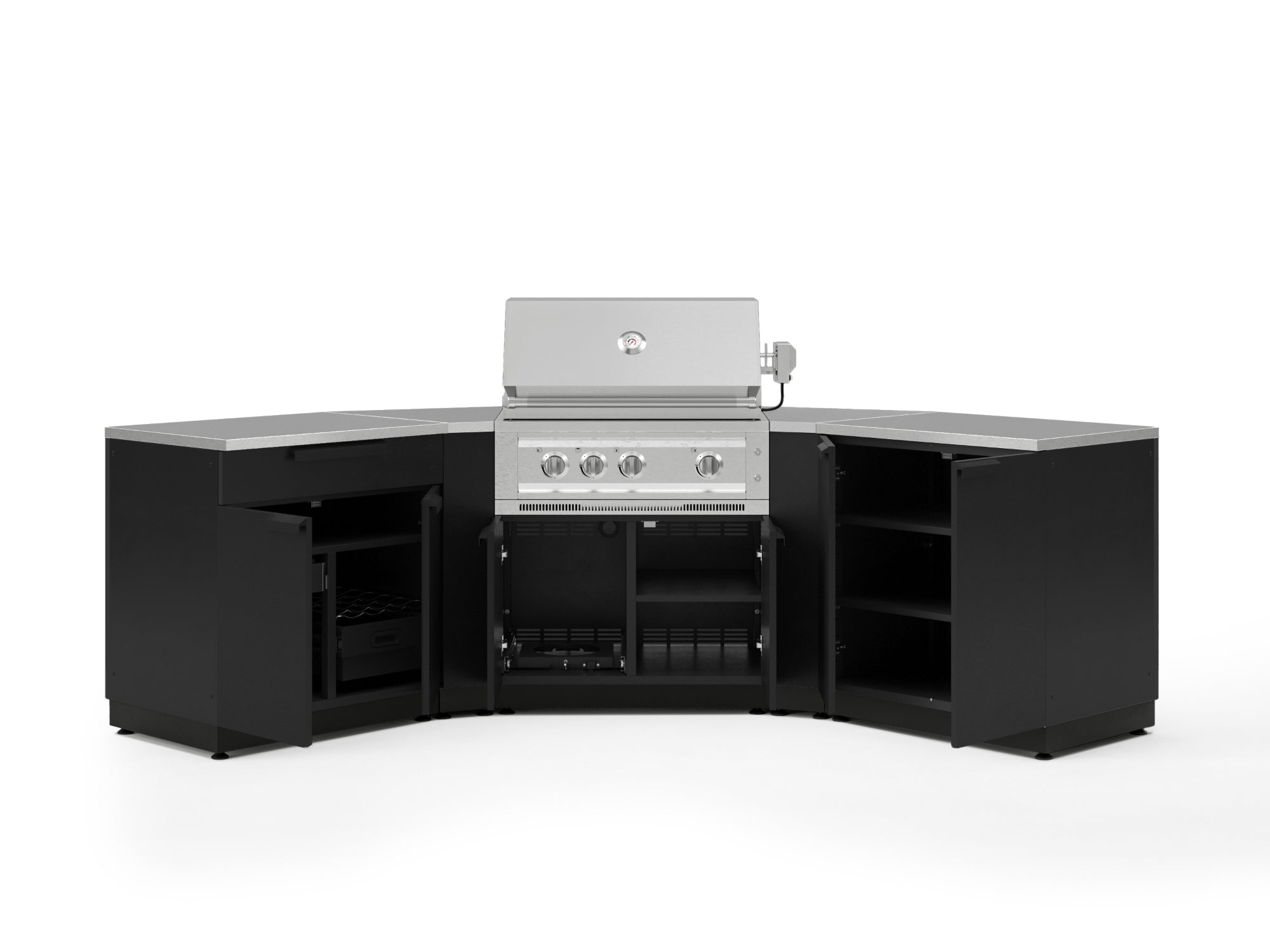 Outdoor Kitchen Stainless-Steel 7 Piece Cabinet Set with 2 Door, Bar, Corner, Grill Cabinet, Platinum Grill, and Countertops