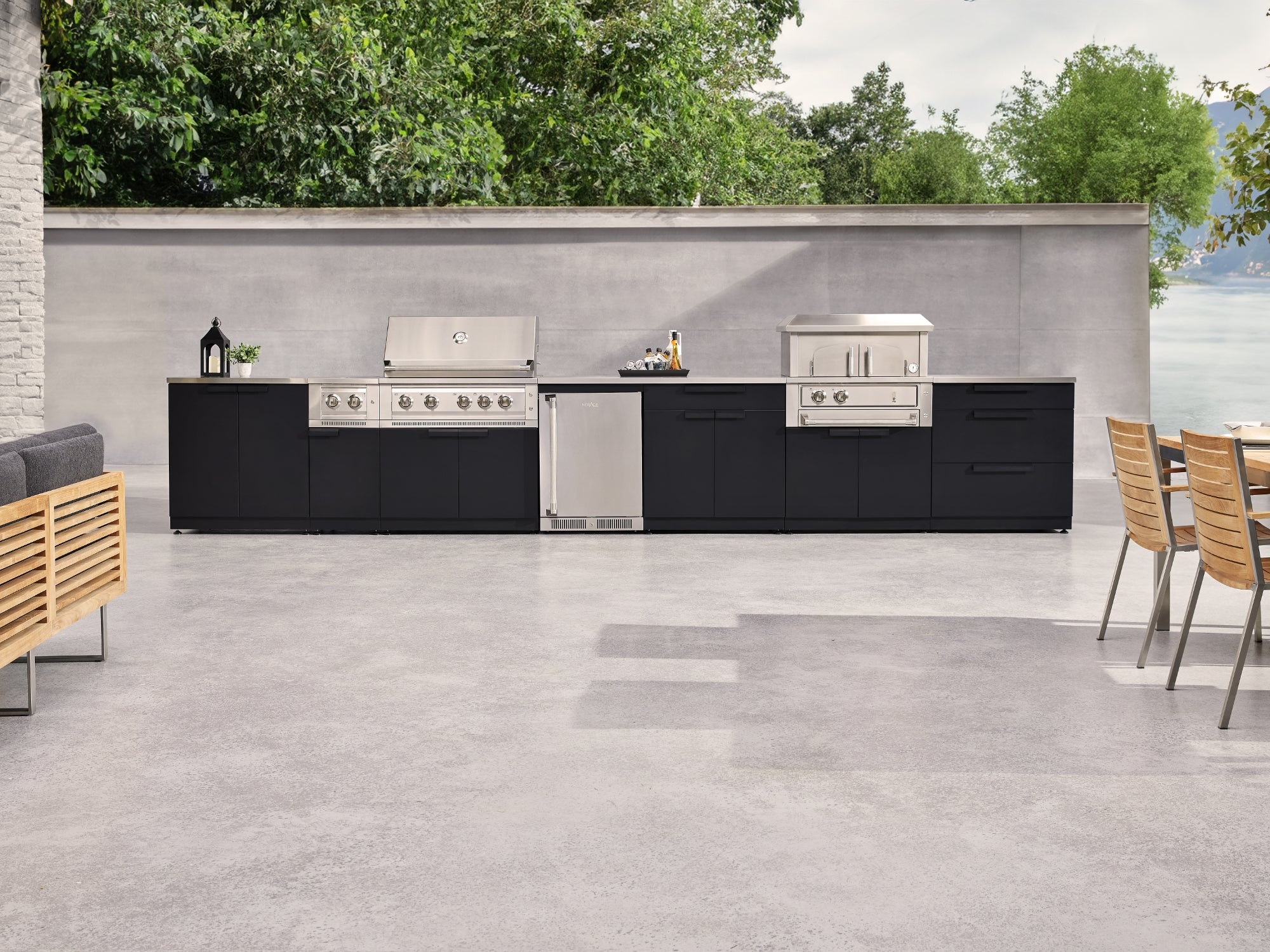 Outdoor Kitchen Stainless-Steel 7 Piece Cabinet Set with 2 Door, Bar, Corner, Grill Cabinet, Platinum Grill, and Countertops