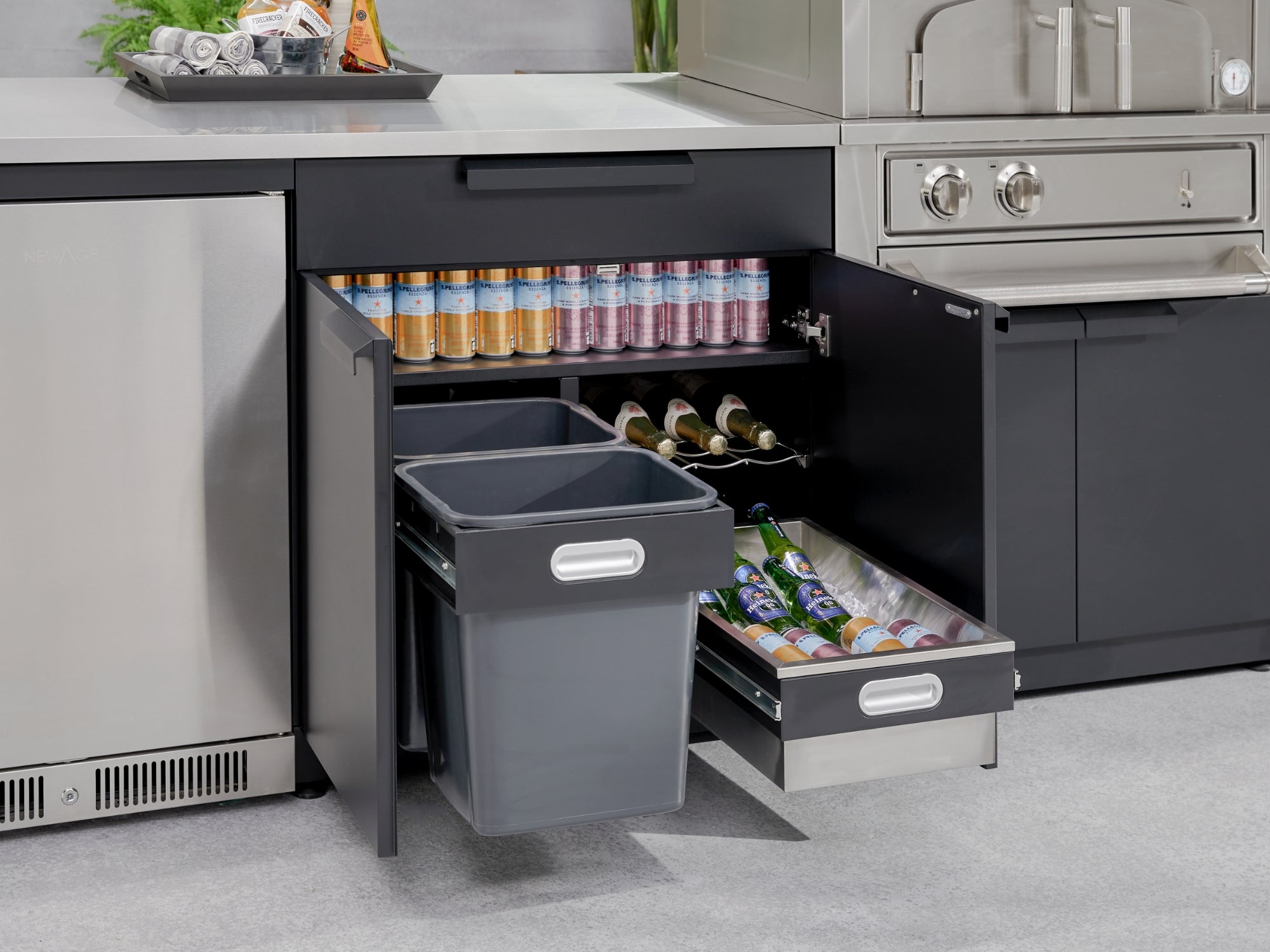 Outdoor Kitchen Stainless-Steel 7 Piece Cabinet Set with 2 Door, Bar, Corner, Grill Cabinet, Platinum Grill, and Countertops