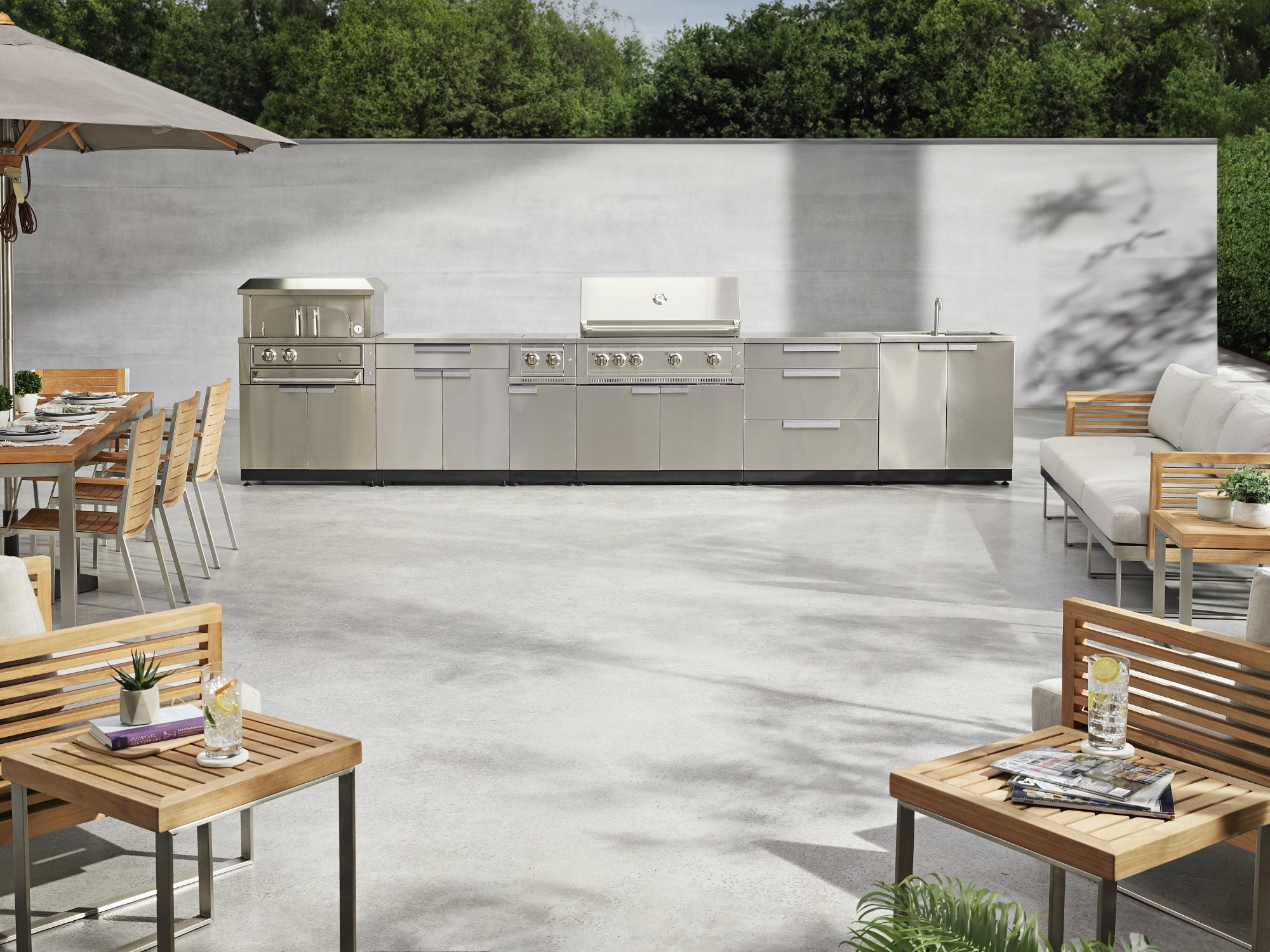 Outdoor Kitchen Stainless-Steel 7 Piece Cabinet Set with 2 Door, Bar, Corner, Grill Cabinet, Platinum Grill, and Countertops