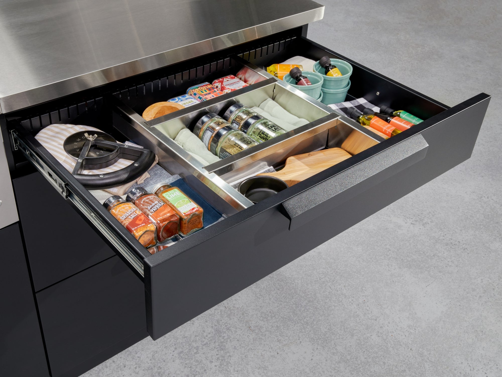 Outdoor Kitchen Stainless-Steel 7 Piece Cabinet Set with 2 Door, Bar, Corner, Grill Cabinet, Platinum Grill, and Countertops