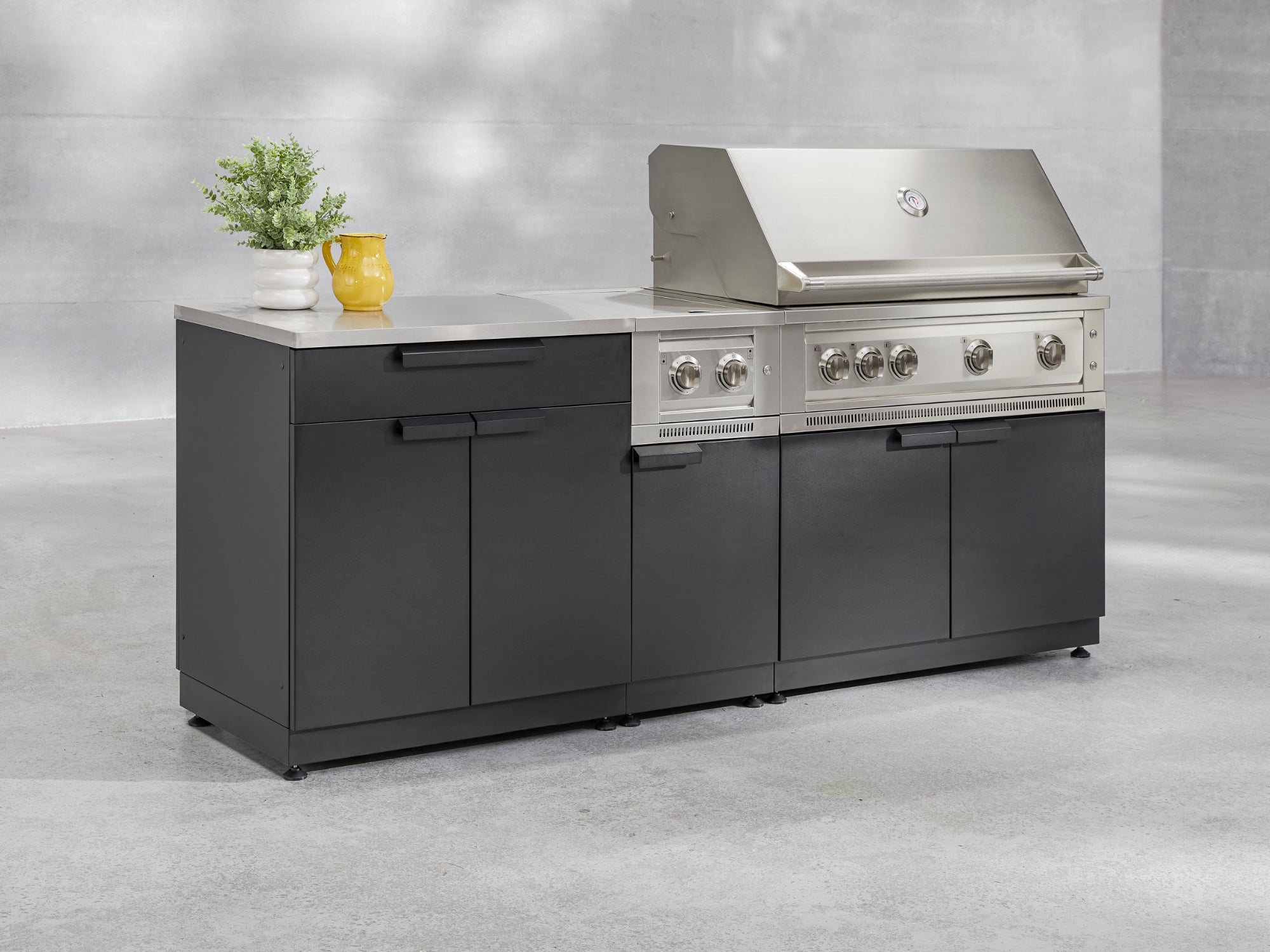 Outdoor Kitchen Stainless Steel 7 Piece Cabinet Set with 3-Drawer, Bar, Grill Cabinet, Performance Grill, Countertop, and Stainless Steel Door Fridge