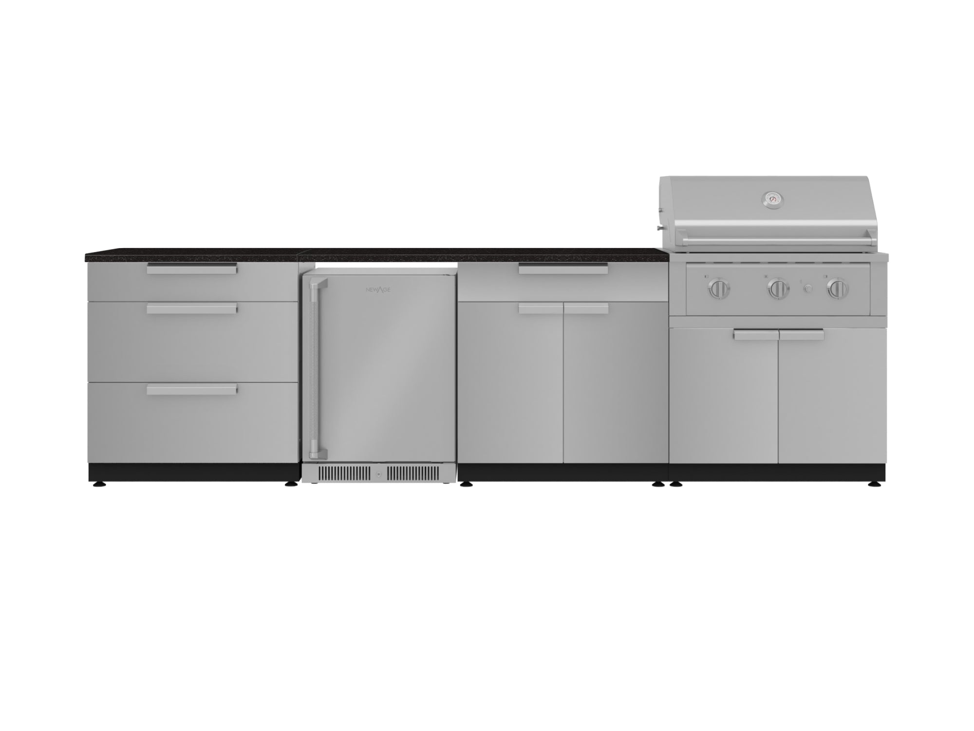 Outdoor Kitchen Stainless Steel 7 Piece Cabinet Set with 3-Drawer, Bar, Grill Cabinet, Performance Grill, Countertop, and Stainless Steel Door Fridge