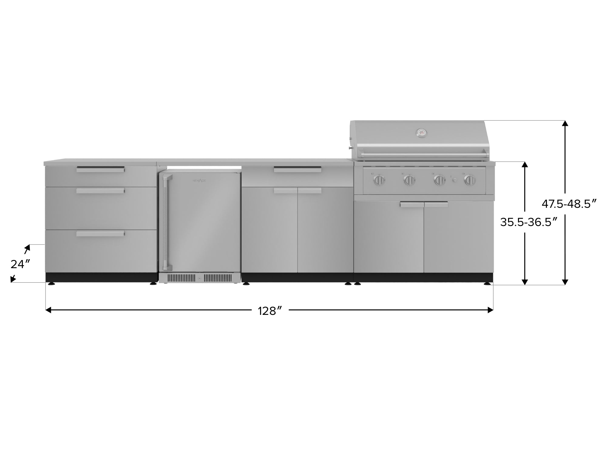 Outdoor Kitchen Stainless Steel 7 Piece Cabinet Set with 3-Drawer, Bar, Grill Cabinet, Performance Grill, Countertop, and Stainless Steel Door Fridge