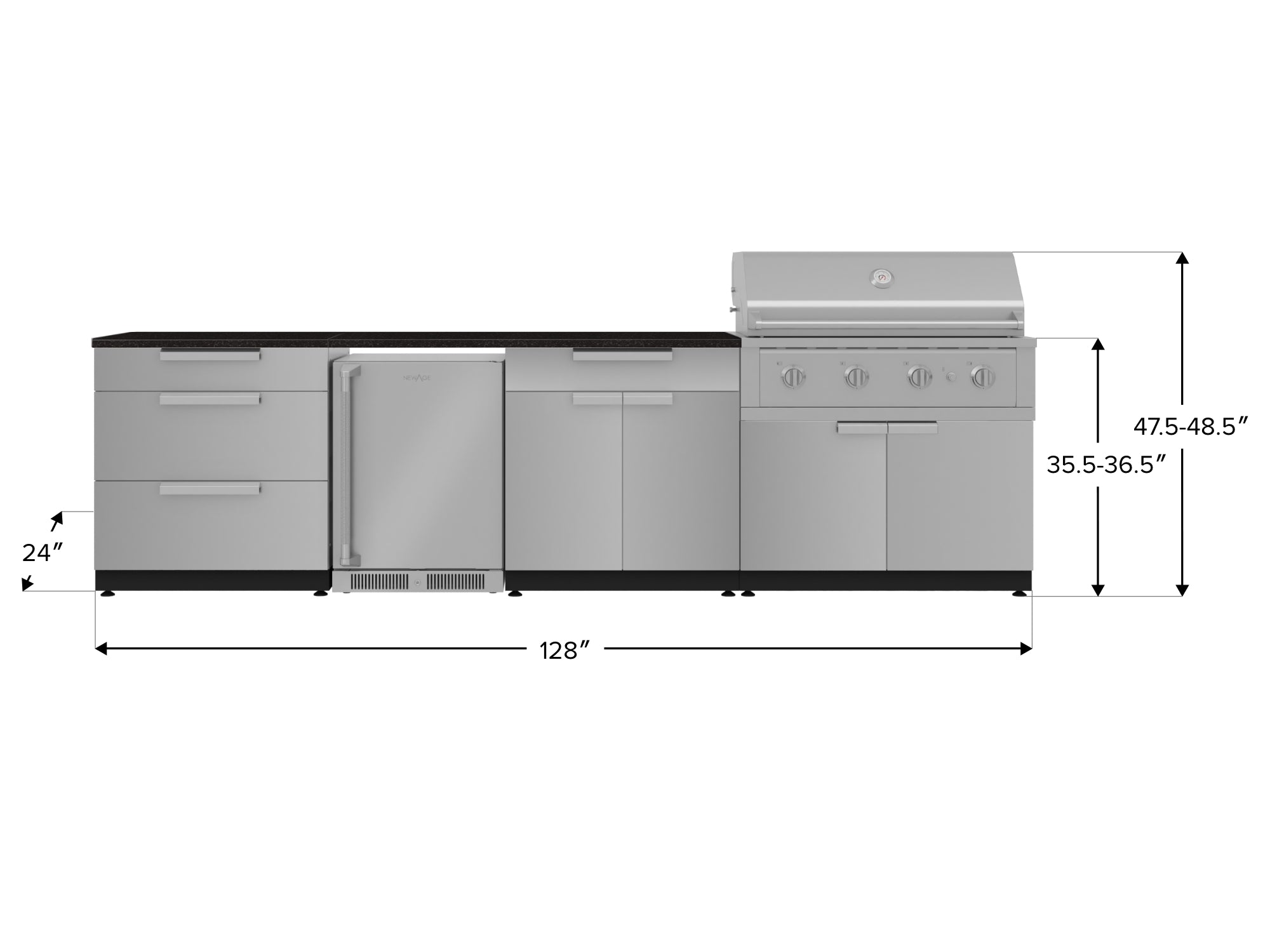 Outdoor Kitchen Stainless Steel 7 Piece Cabinet Set with 3-Drawer, Bar, Grill Cabinet, Performance Grill, Countertop, and Stainless Steel Door Fridge