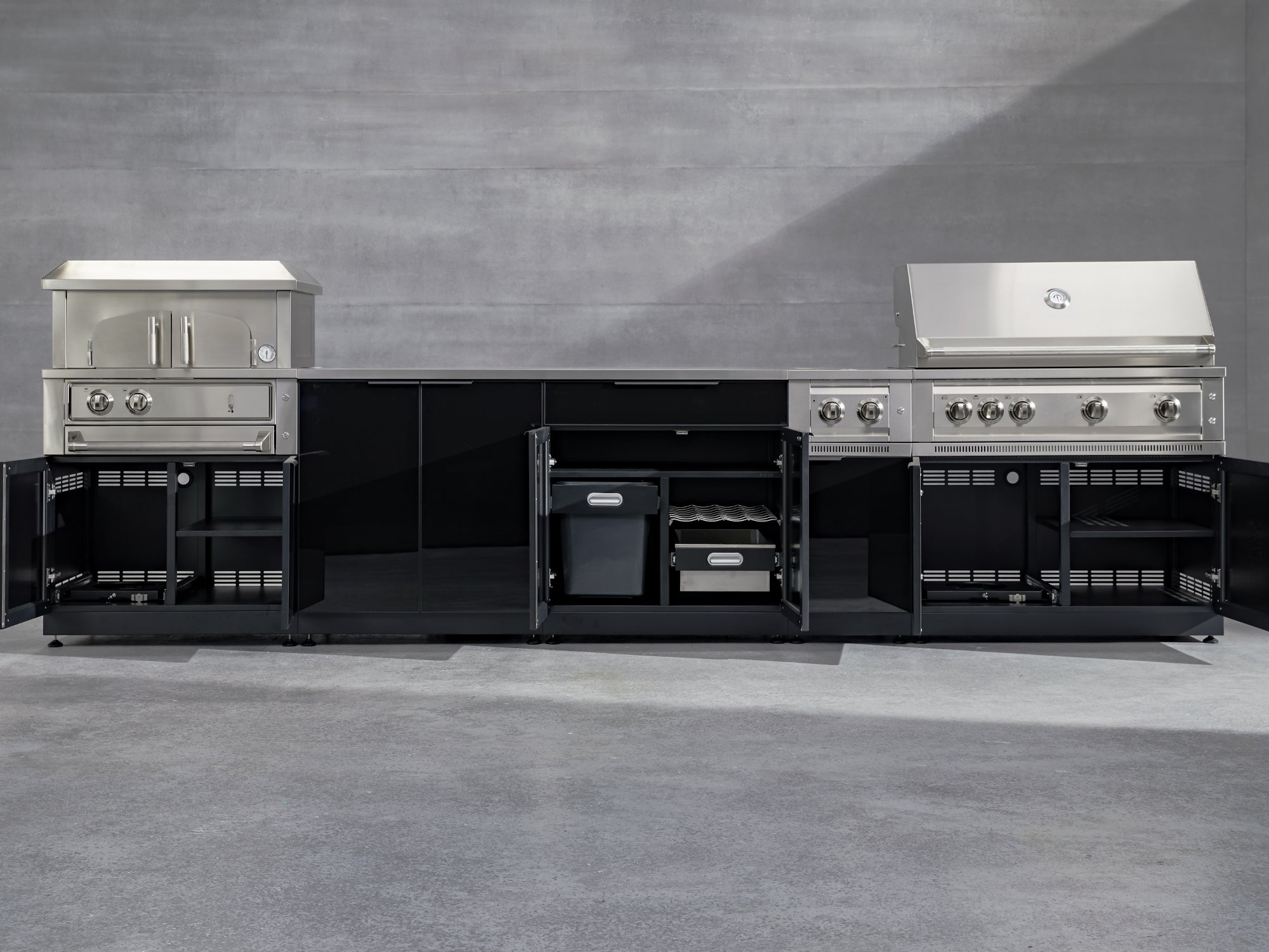 Outdoor Kitchen Aluminum 7 Piece Cabinet Set with 2 Door, Bar, Corner, Grill Cabinet, Performance Grill, and Countertops