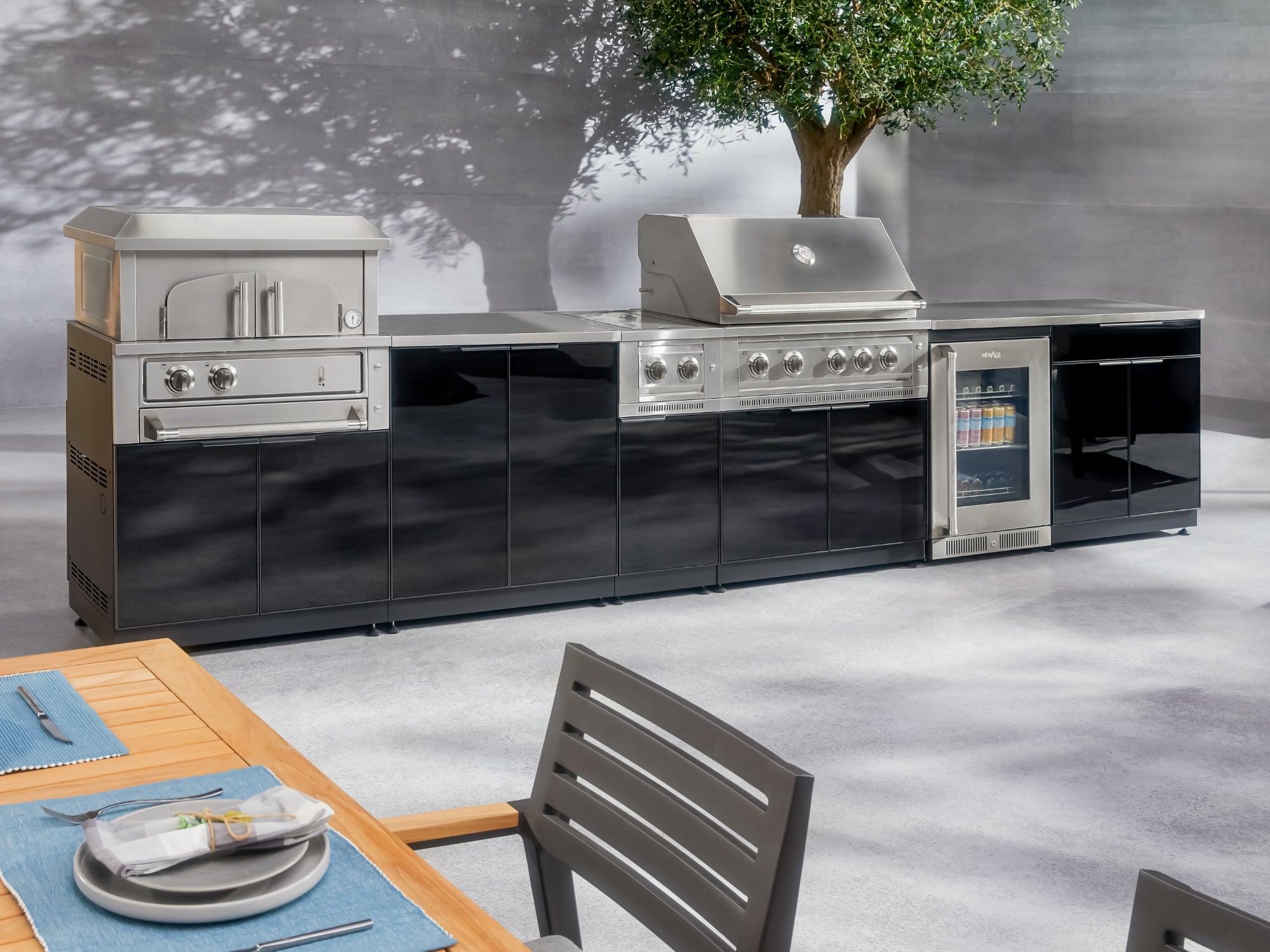 Outdoor Kitchen Aluminum 7 Piece Cabinet Set with 2 Door, Bar, Corner, Grill Cabinet, Performance Grill, and Countertops