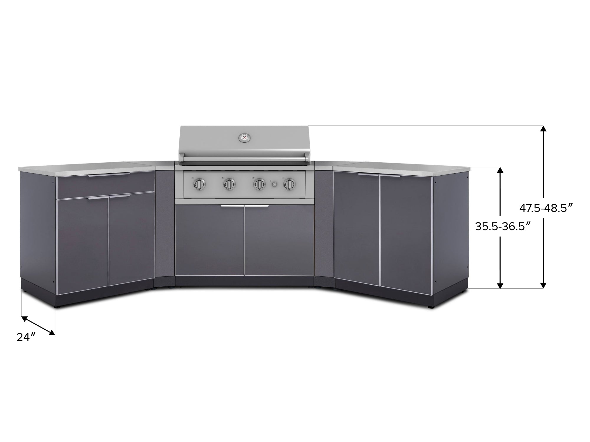 Outdoor Kitchen Aluminum 7 Piece Cabinet Set with 2 Door, Bar, Corner, Grill Cabinet, Performance Grill, and Countertops