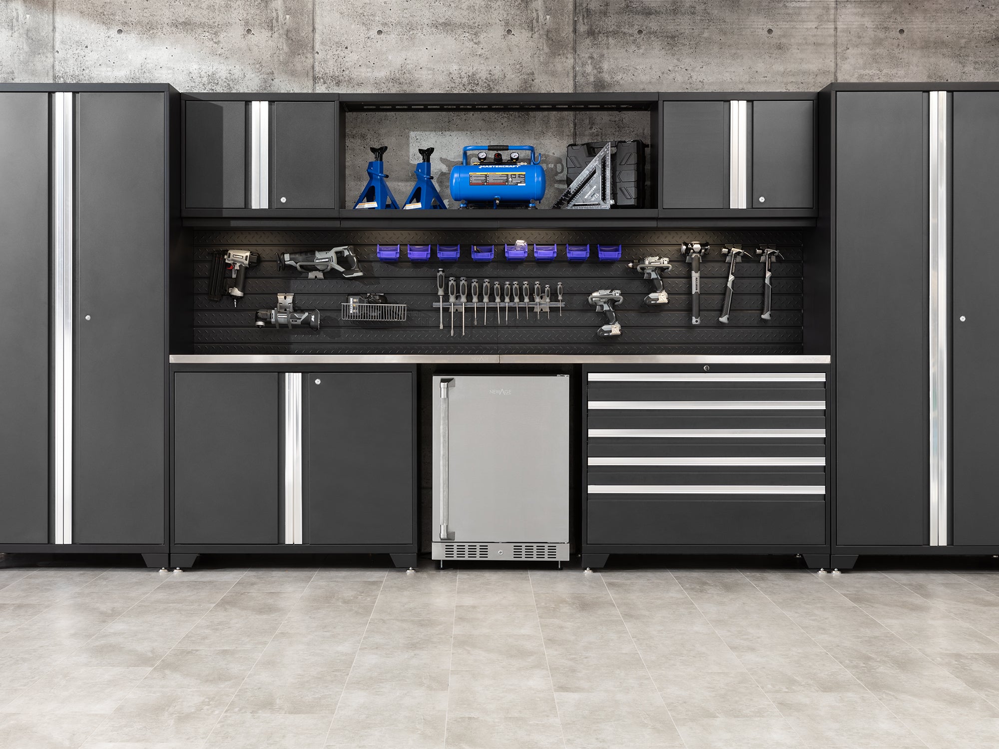 Pro Series 9 Piece Cabinet Set with Wall, Tool Drawer Cabinet, Lockers, and Stainless Steel Door Fridge